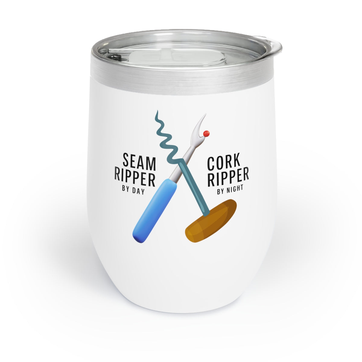 A funny quilting-inspired wine tumbler with the phrase Seam Ripper by Day, Cork Ripper by Night.  The perfect gift for quilters.