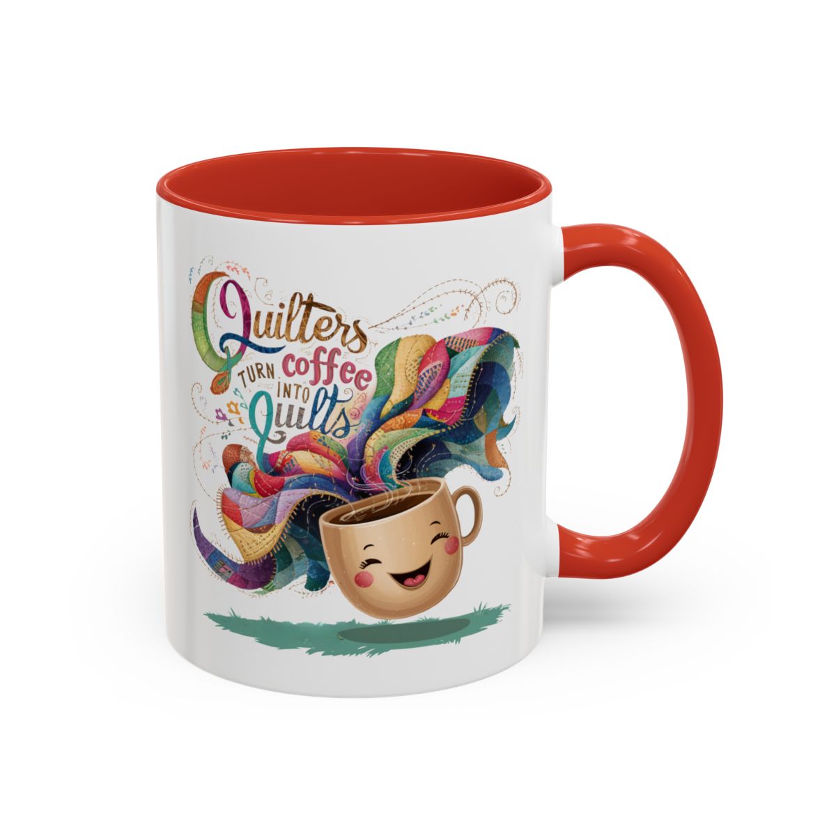 A Red funnyny Ceramic Mug with the phrase Quilters Turn Coffee Into Quilts showing A Red funny coffee cup and quilting design