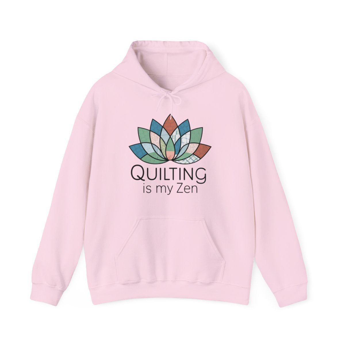 A Light Pink funny Hoodie with the phrase Quilting is my Zen on a quilting-themed t-shirt with a lotus flower design made of various quilt patterns and textures.