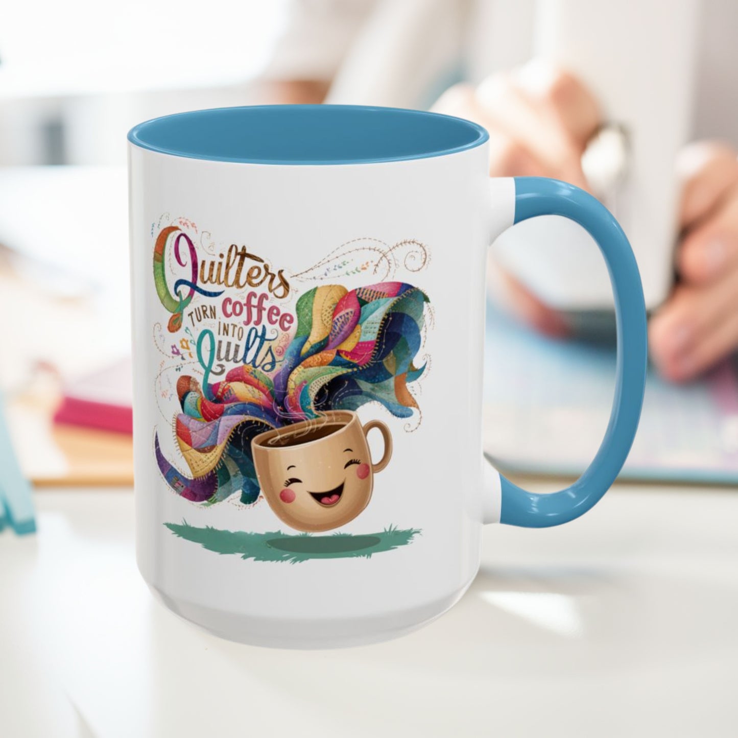 A funnyny Ceramic Mug with the phrase Quilters Turn Coffee Into Quilts showing A funny coffee cup and quilting design