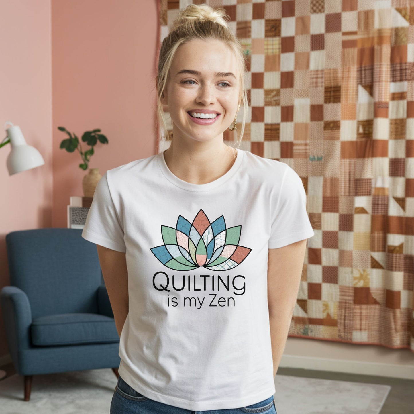 A funny quilting T-Shirt with the phrase Quilting is my Zen on a quilting-themed t-shirt with a lotus flower design made of various quilt patterns and textures.