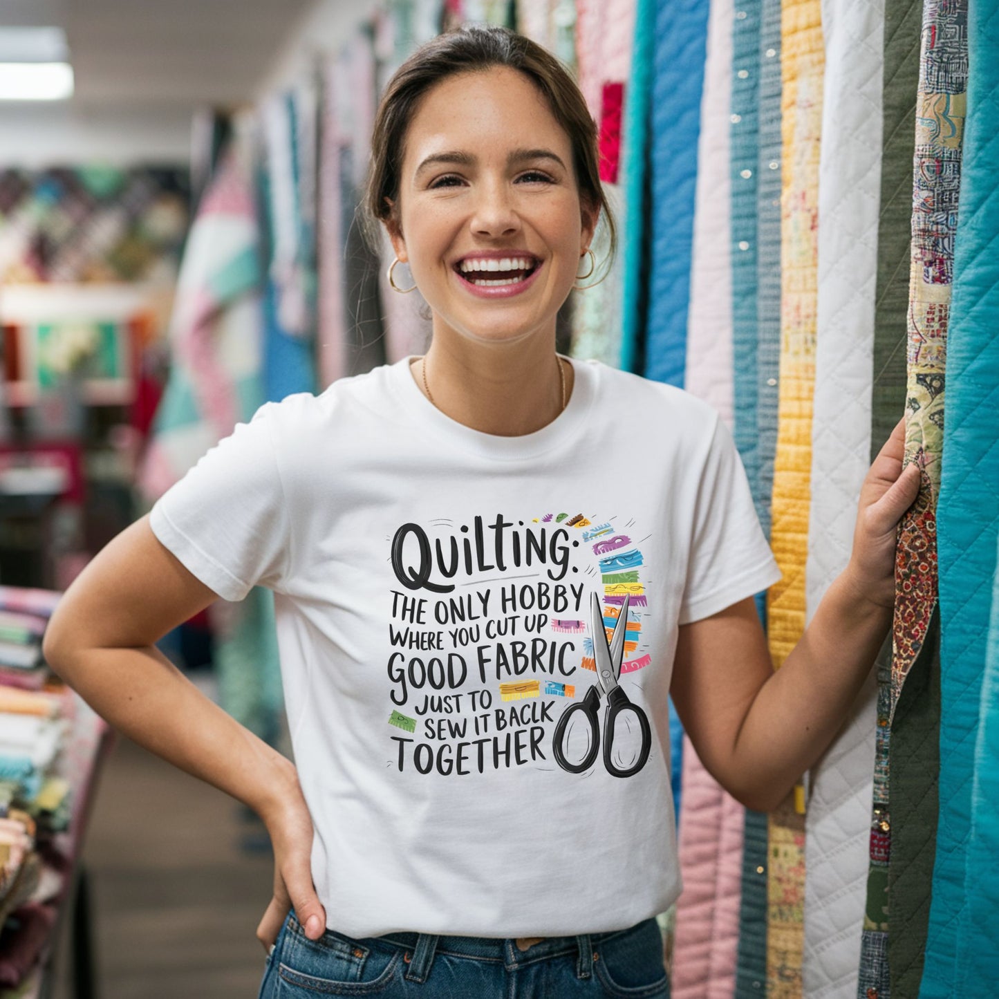 A Quilting-themed T-Shirt with text "Quilting: The Only Hobby Where You Cut Up Good Fabric Just to Sew it Back Together" surrounded by colorful fabric scraps and scissors.