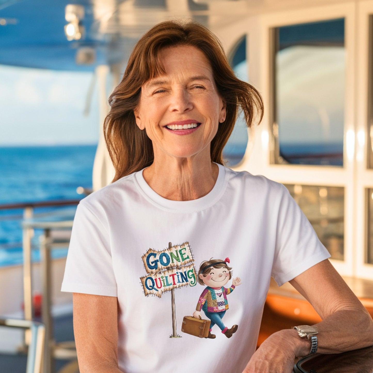 Afun quilting T-Shirt with a cartoon illustration of a smiling girl wearing a patchwork jacket, carrying a suitcase next to a wooden sign that reads "Gone Quilting" in colorful letters.