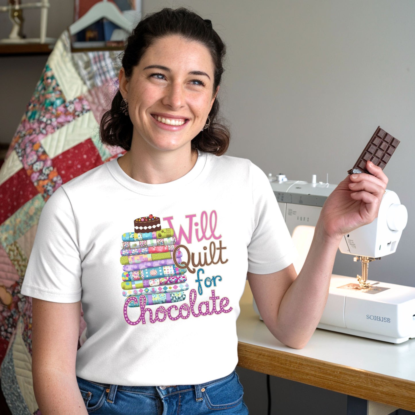 Will Quilt for Chocolate T-Shirt – Fun Quilter Gift