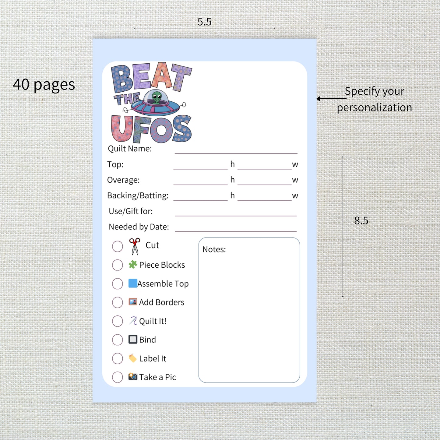Beat the UFOs Quilting Project Planner - Handmade UFO Tracker for Quilters (Customizable)