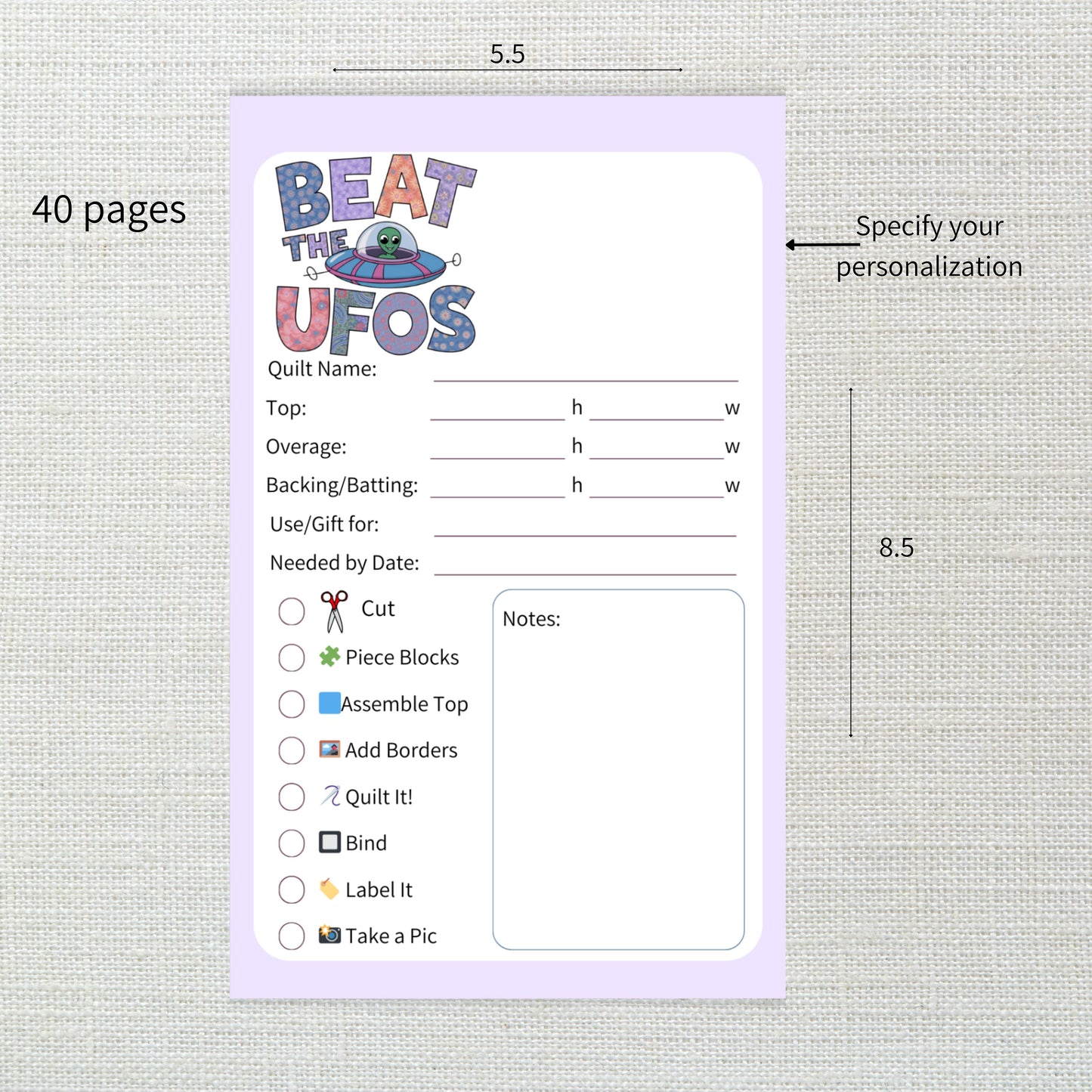Beat the UFOs Quilting Project Planner - Handmade UFO Tracker for Quilters (Customizable)