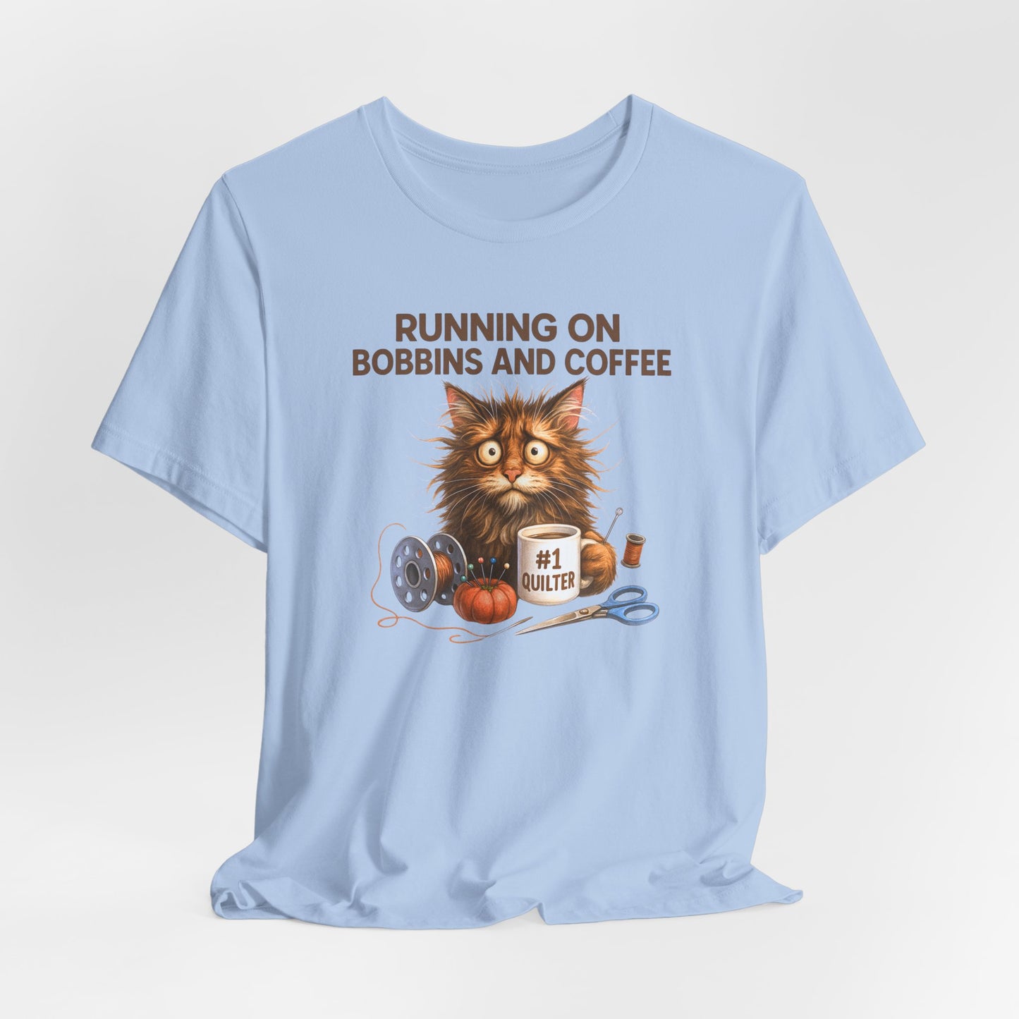 Running on Bobbins and Coffee Quilting Cat T-Shirt | Funny Quilter Gift | Cute Cat Lover Sewing Tee