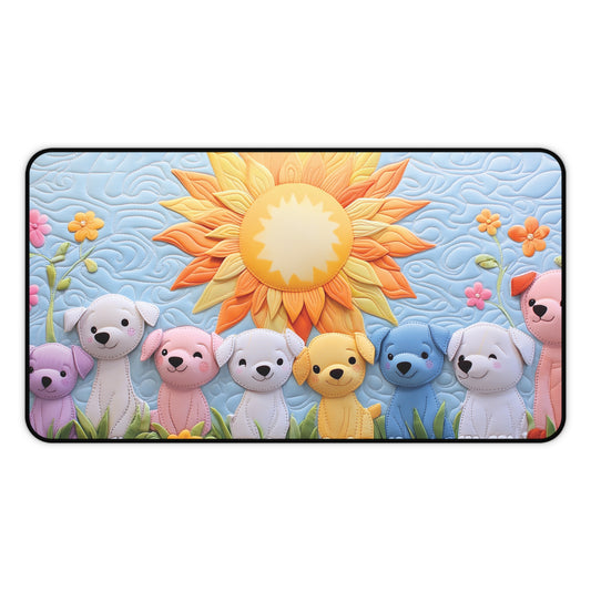 Sunflower Pups Quilting Deskpad – Anti-Slip Sewing Machine Mat with Colorful Patchwork Dogs