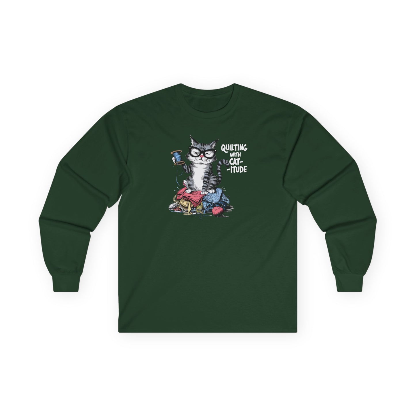 Quilting with Cat-itude Long-Sleeve Tee – Funny Quilting Cat Shirt