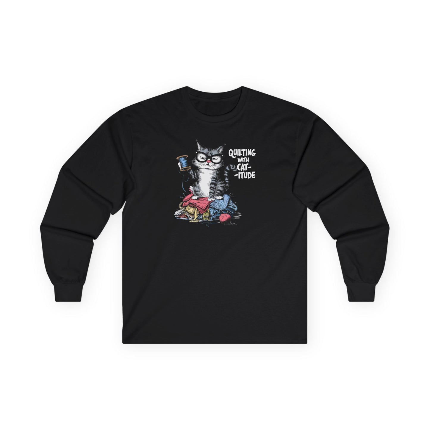 Quilting with Cat-itude Long-Sleeve Tee – Funny Quilting Cat Shirt
