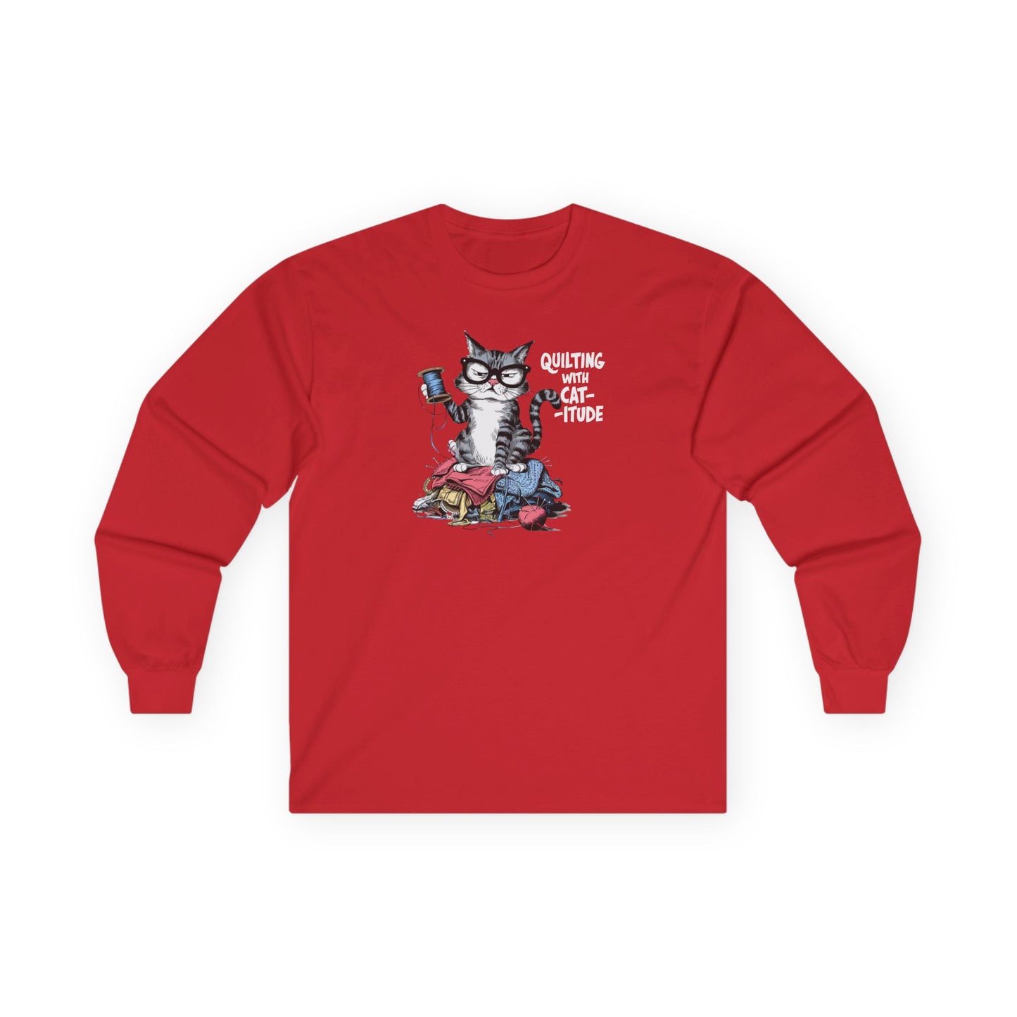 Quilting with Cat-itude Long-Sleeve Tee – Funny Quilting Cat Shirt