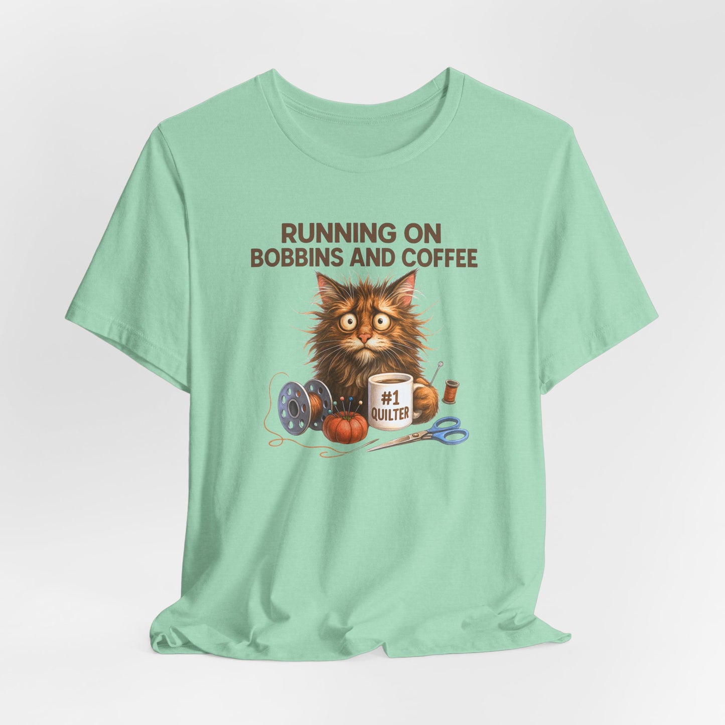 Running on Bobbins and Coffee Quilting Cat T-Shirt | Funny Quilter Gift | Cute Cat Lover Sewing Tee