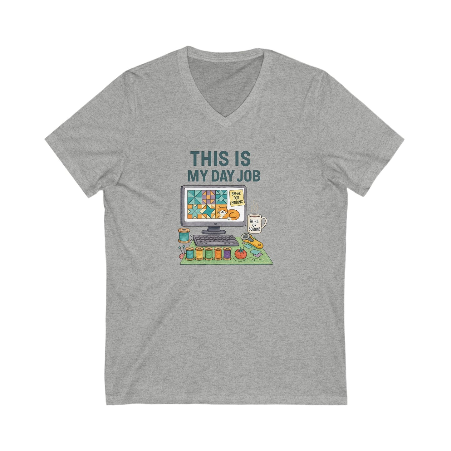 This Is My Day Job V-Neck T-Shirt – Funny Quilting Tee for Full-Time Stitchers