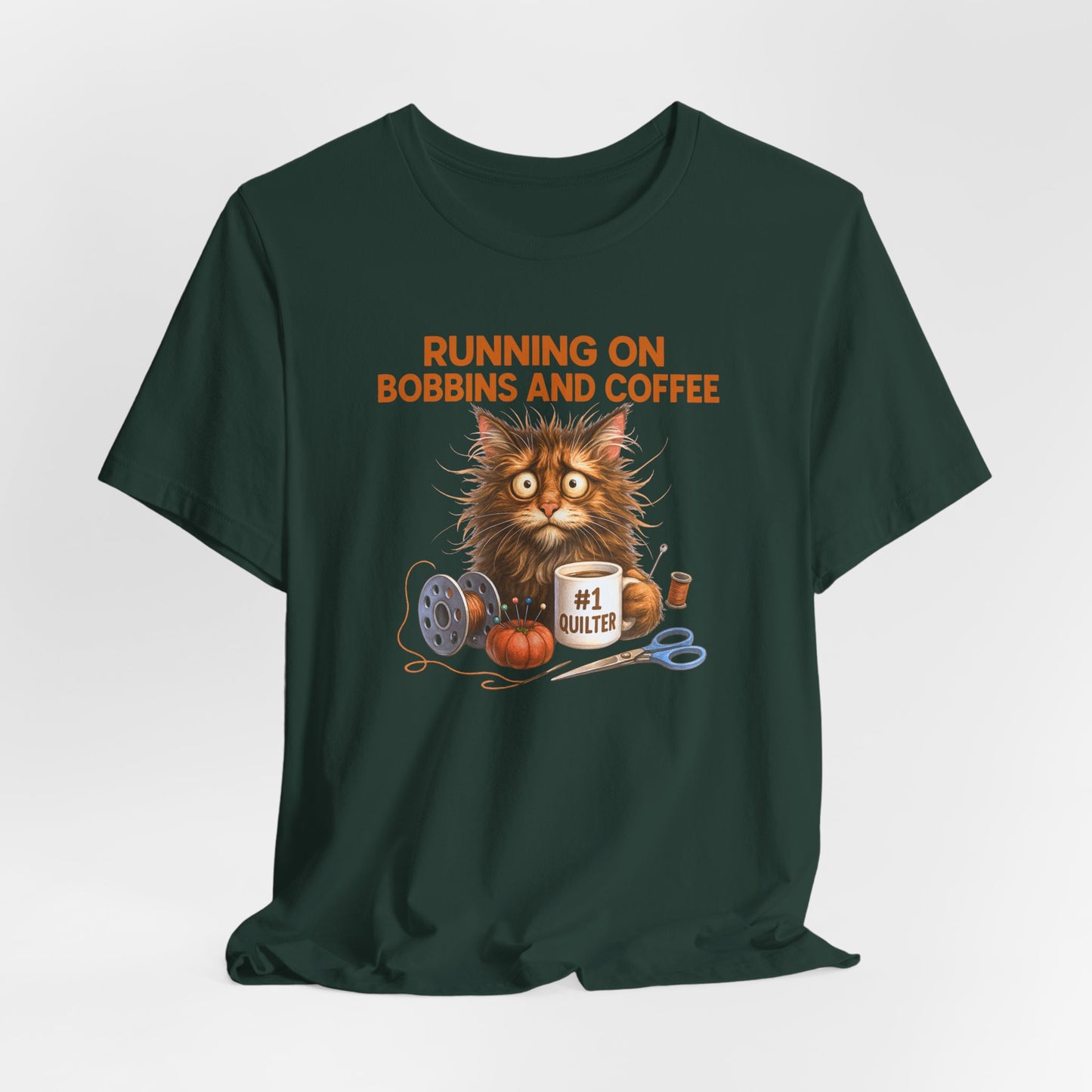 Running on Bobbins and Coffee Quilting Cat T-Shirt | Funny Quilter Gift | Cute Cat Lover Sewing Tee
