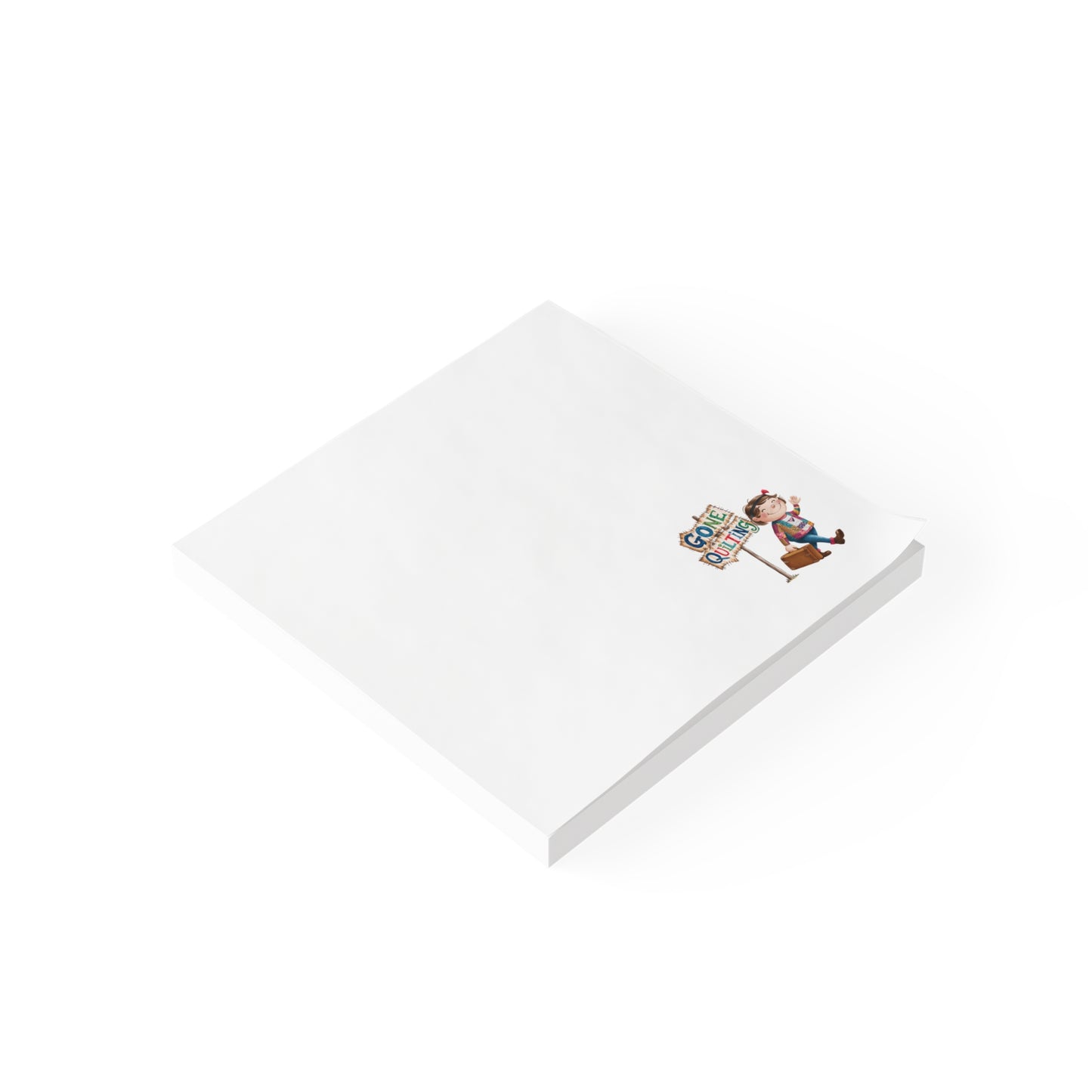Unique and fun quilting notepads for quilters featuring 'Gone Quilting: Whimsical 3M Post-it Notes for Quilters'. Ideal for showing off quilting passion.