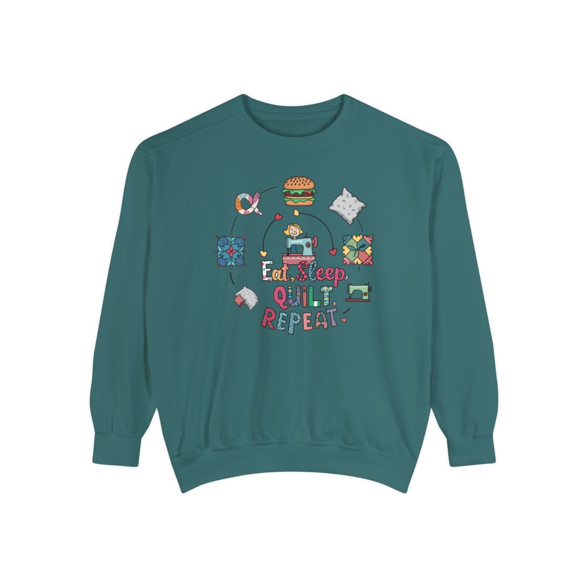 A Blue Spruce funny Sweatshirt with the phrase Eat, Sleep, Quilt, Repeat  showing the cycle of a quilter's day with eating, sleeping, and quilting