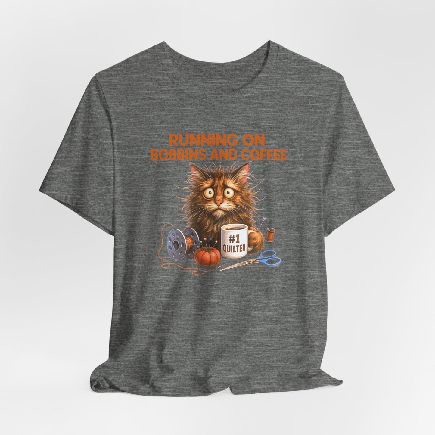 Running on Bobbins and Coffee Quilting Cat T-Shirt | Funny Quilter Gift | Cute Cat Lover Sewing Tee