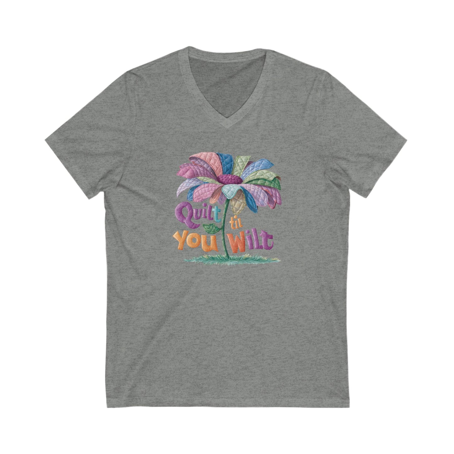 Quilt ’til You Wilt V-Neck T-Shirt – Funny Floral Quilting Tee for Dedicated Stitchers