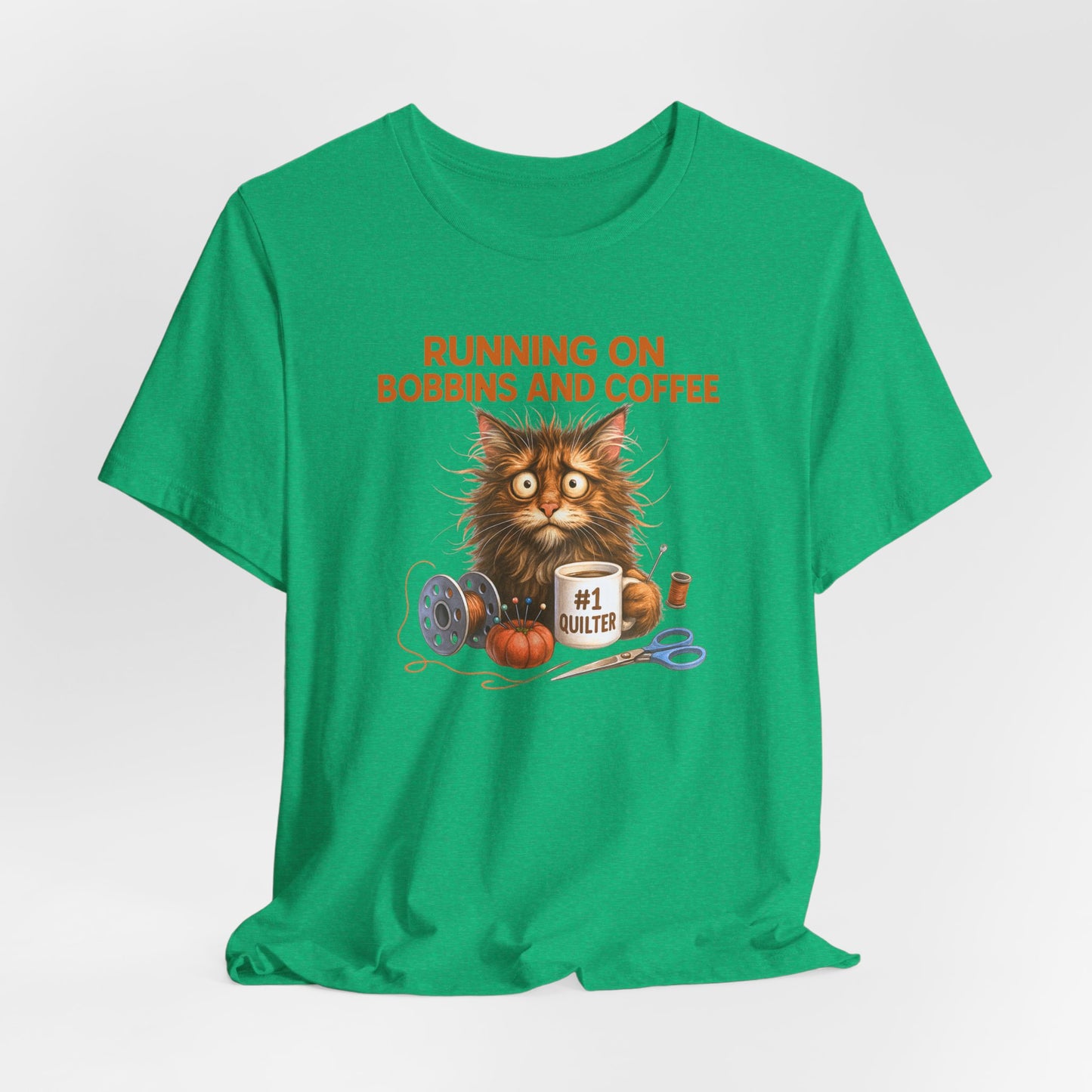 Running on Bobbins and Coffee Quilting Cat T-Shirt | Funny Quilter Gift | Cute Cat Lover Sewing Tee