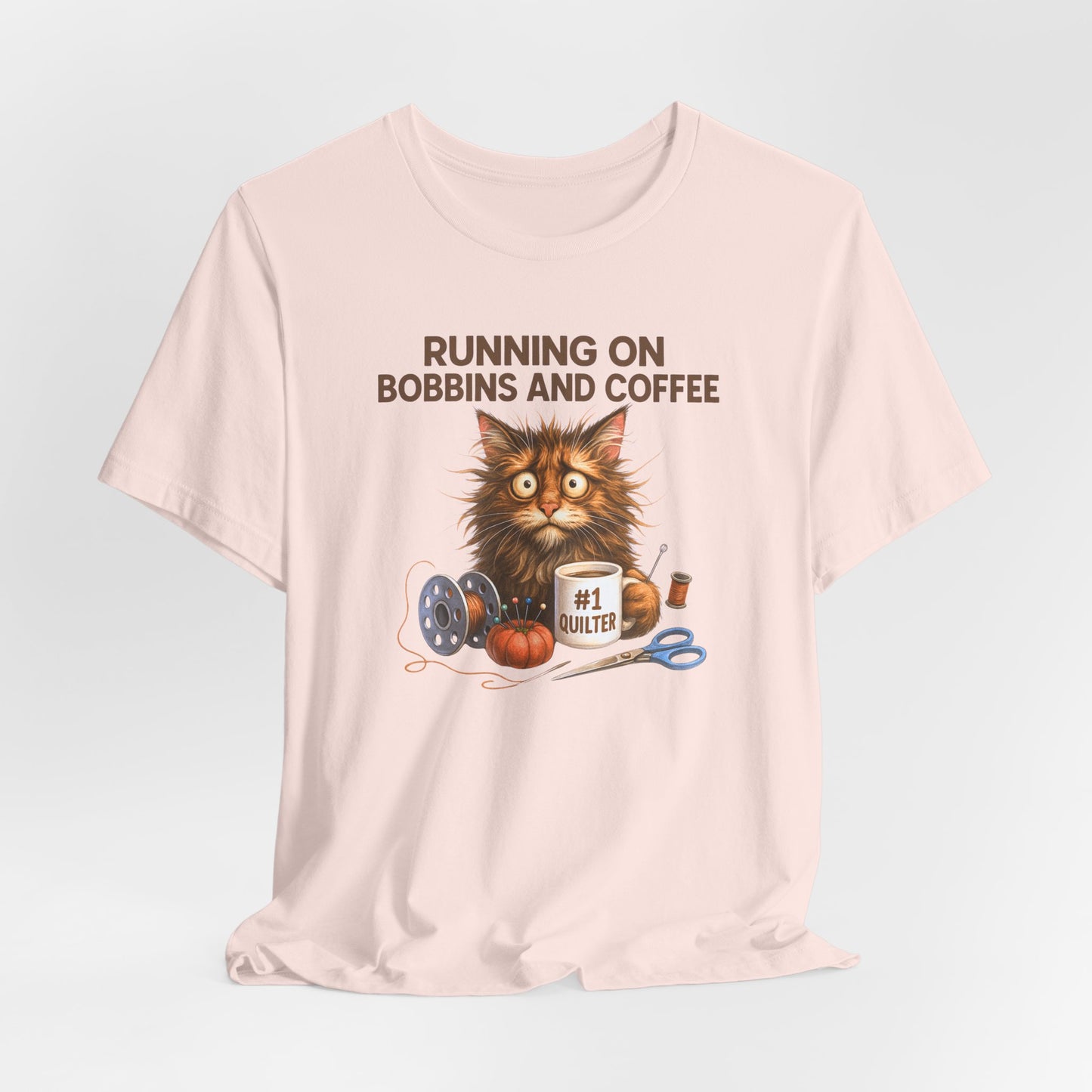Running on Bobbins and Coffee Quilting Cat T-Shirt | Funny Quilter Gift | Cute Cat Lover Sewing Tee