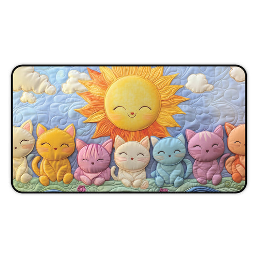 Sunny Cats Quilting Deskpad – Non-Slip Sewing Machine Mat with Adorable Quilt-Style Kitties