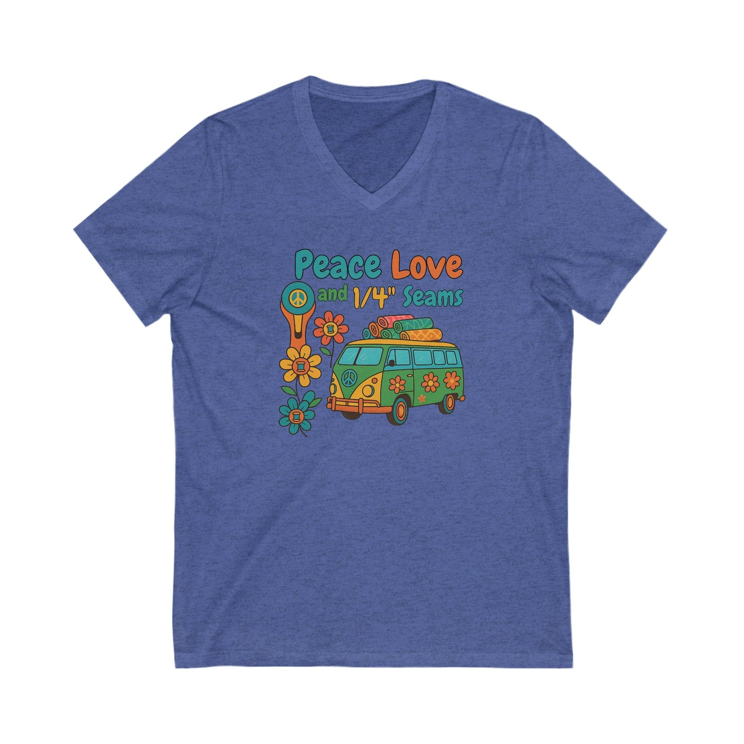 Peace Love and 1/4" Seams V-Neck T-Shirt – Retro Quilting Tee for Groovy Stitchers