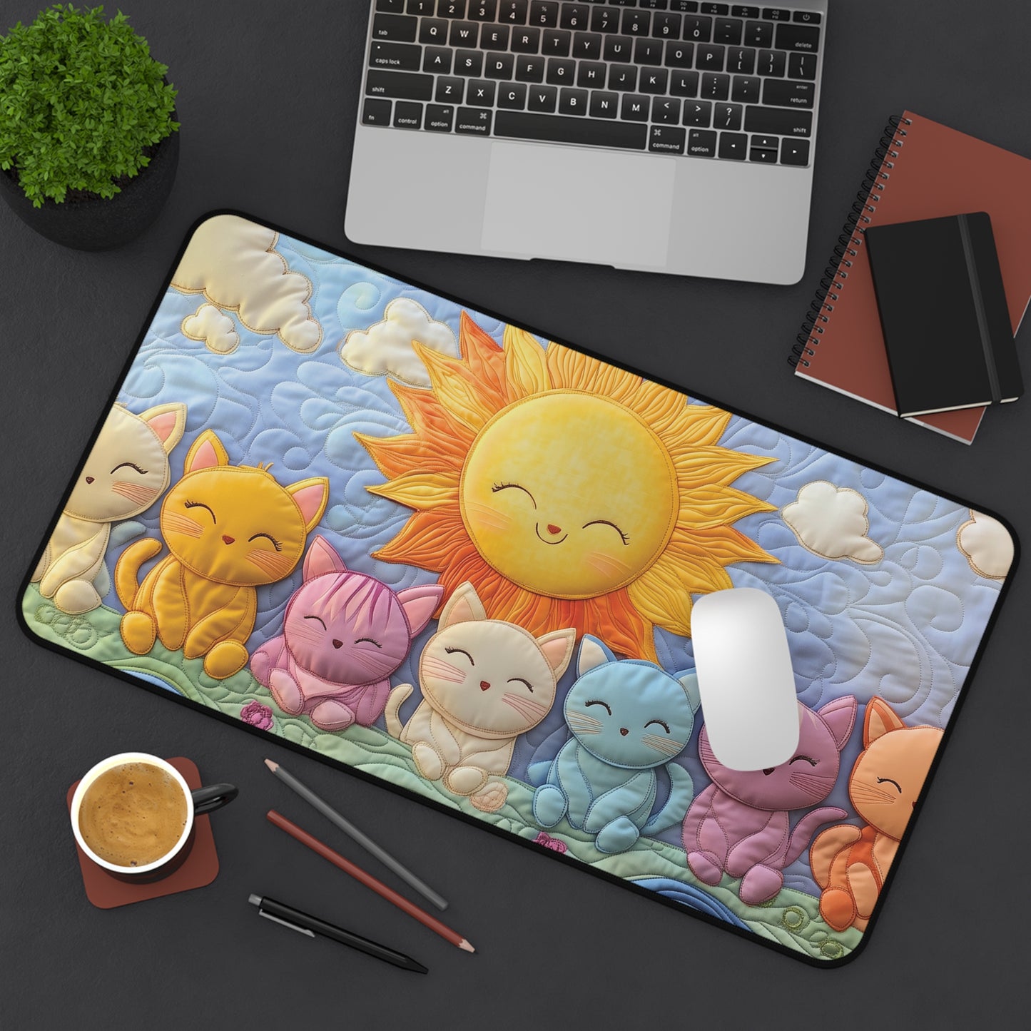 Sunny Cats Quilting Deskpad – Non-Slip Sewing Machine Mat with Adorable Quilt-Style Kitties