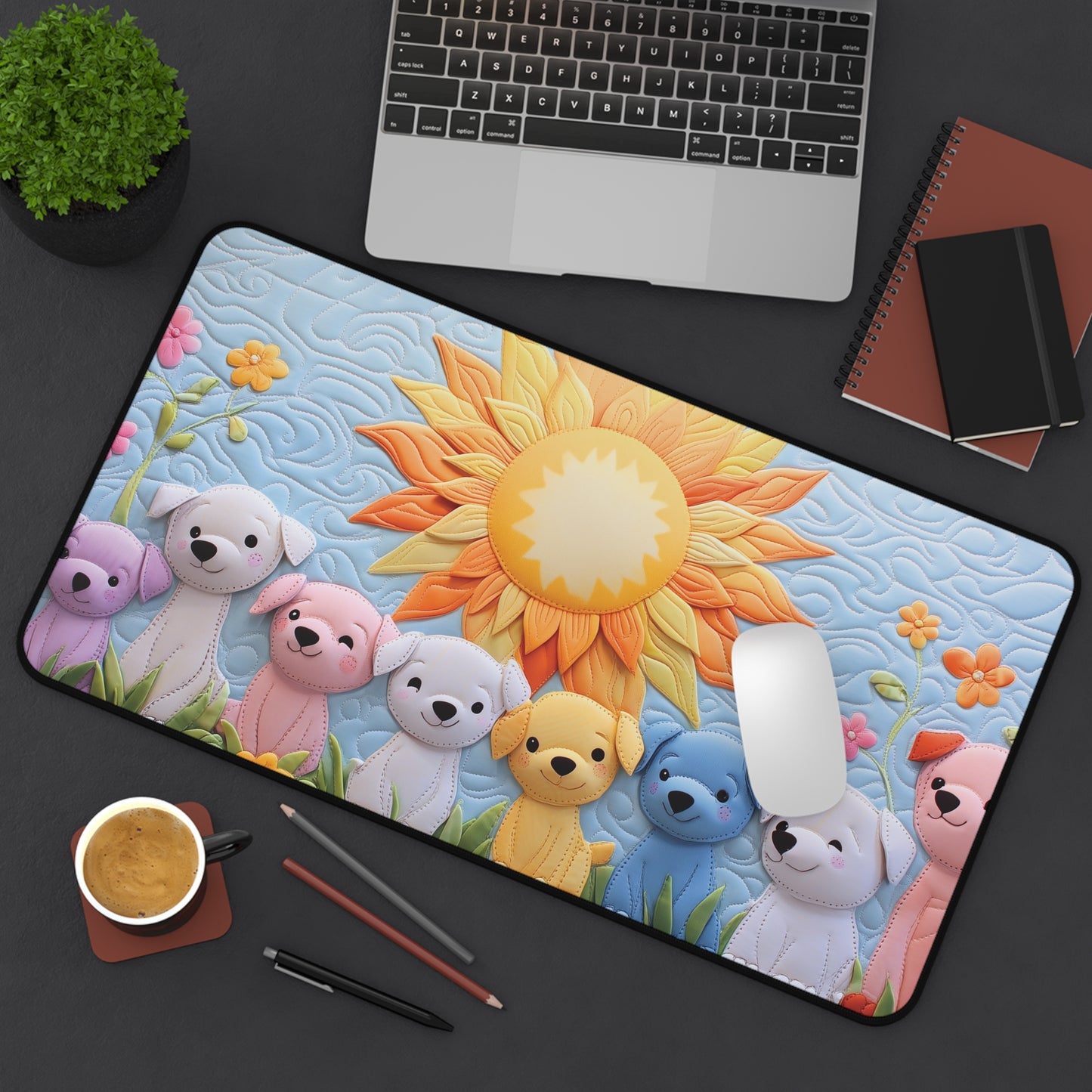 Sunflower Pups Quilting Deskpad – Anti-Slip Sewing Machine Mat with Colorful Patchwork Dogs