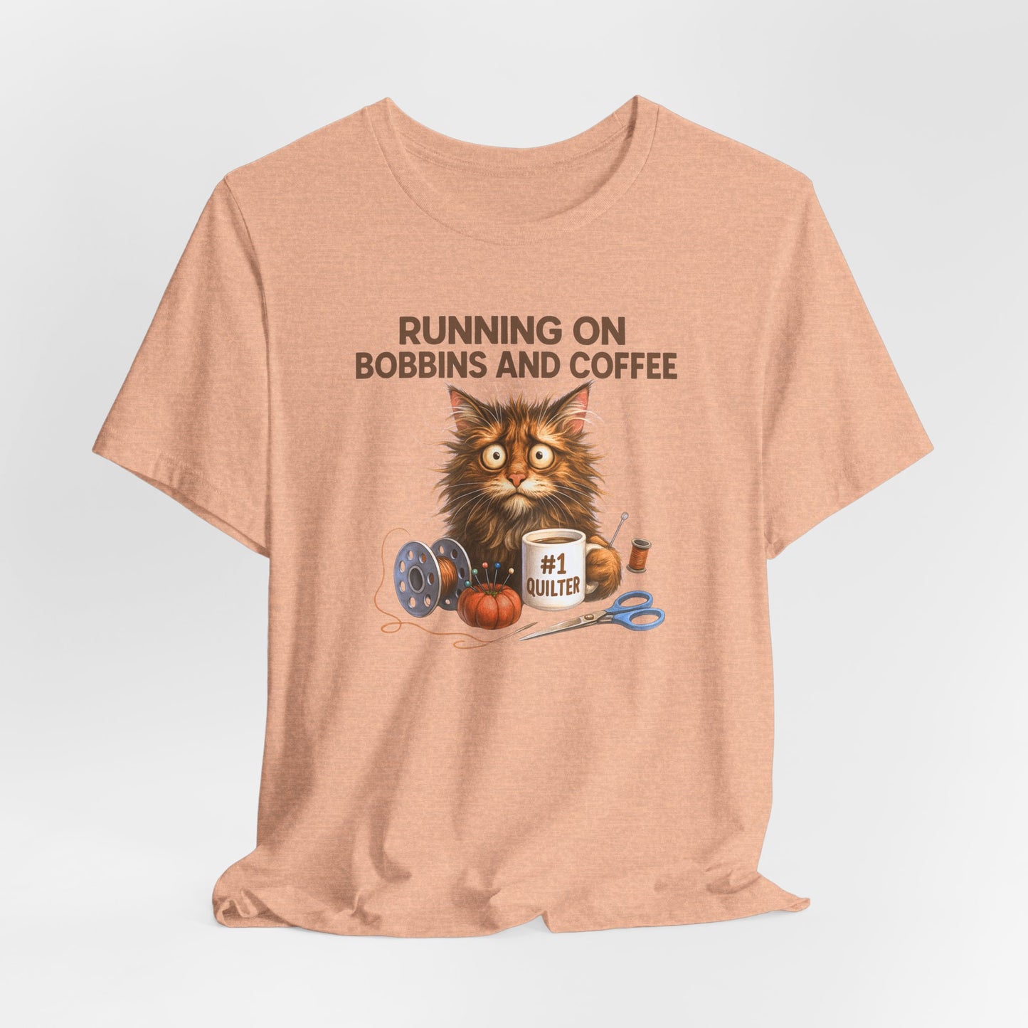 Running on Bobbins and Coffee Quilting Cat T-Shirt | Funny Quilter Gift | Cute Cat Lover Sewing Tee