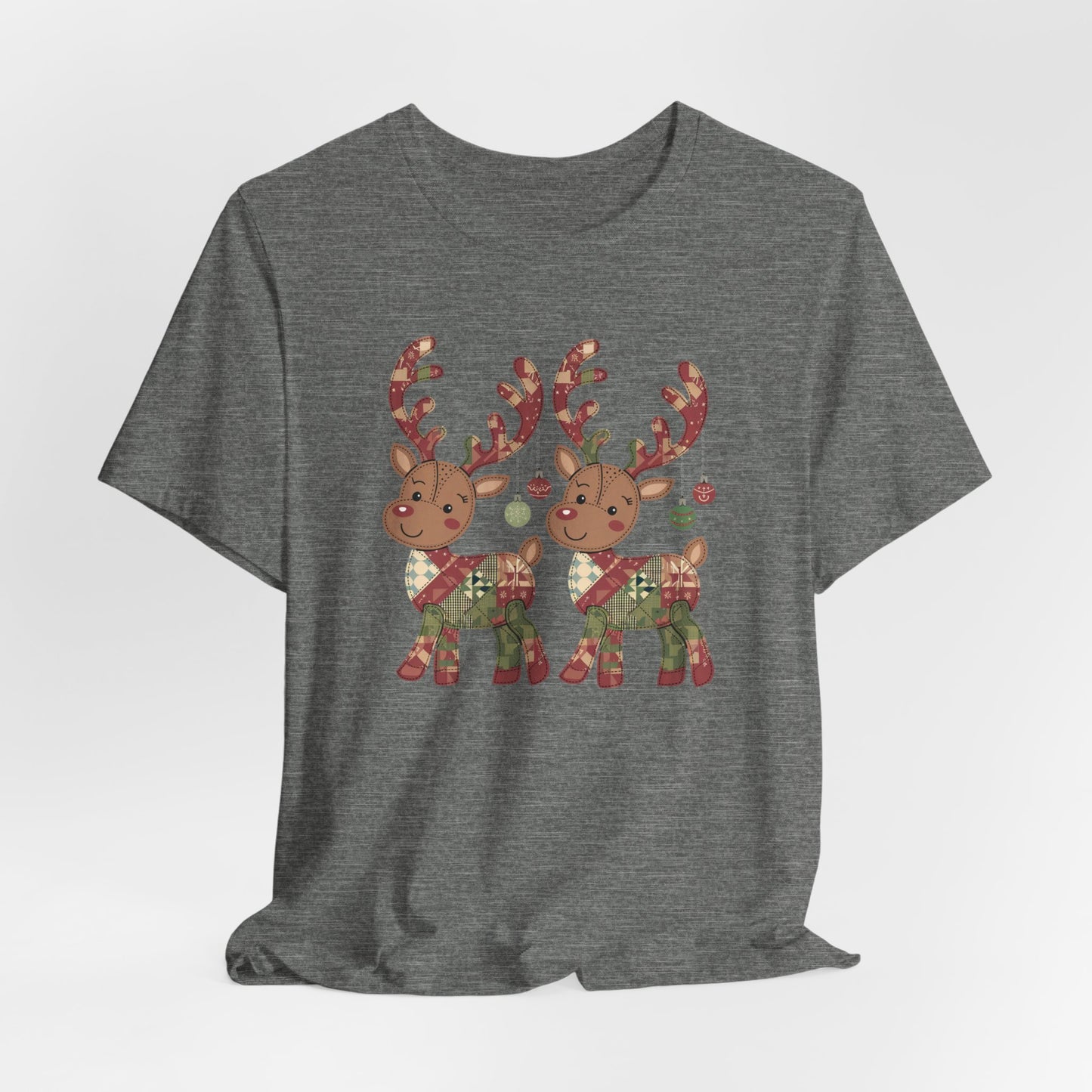 A Deep Heather christmas quilting t-shirt featuring two adorable reindeer featuring patchwork quilt designs on their bodies, with ornaments hanging from their antlers, blending Christmas cheer with quilting creativity.