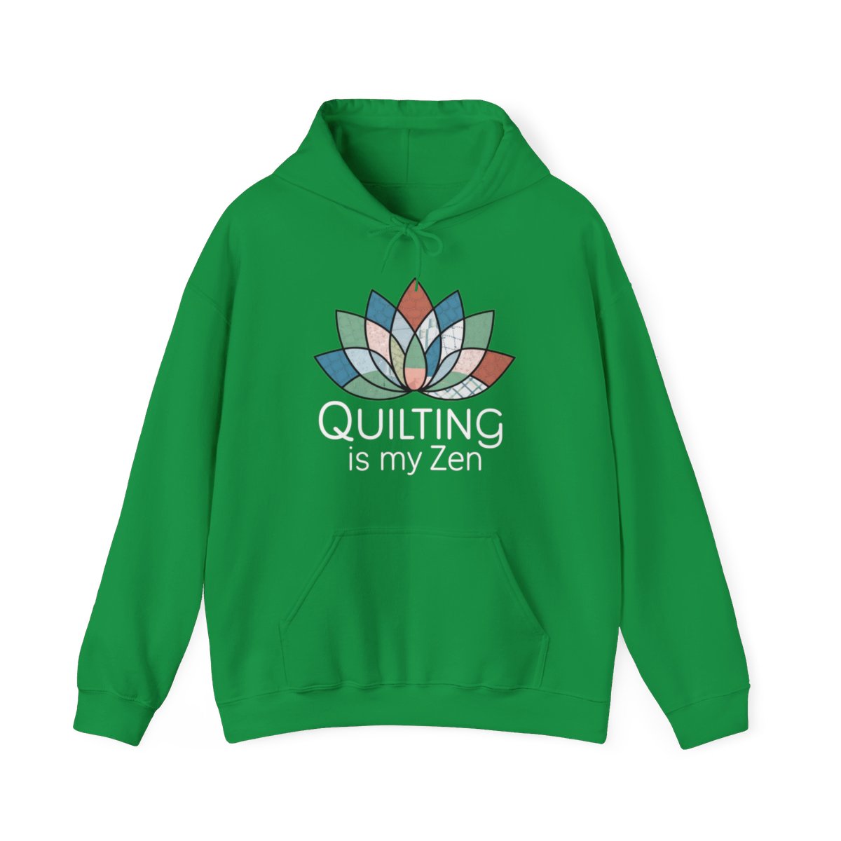 An Irish Green funny Hoodie with the phrase Quilting is my Zen on a quilting-themed t-shirt with a lotus flower design made of various quilt patterns and textures.