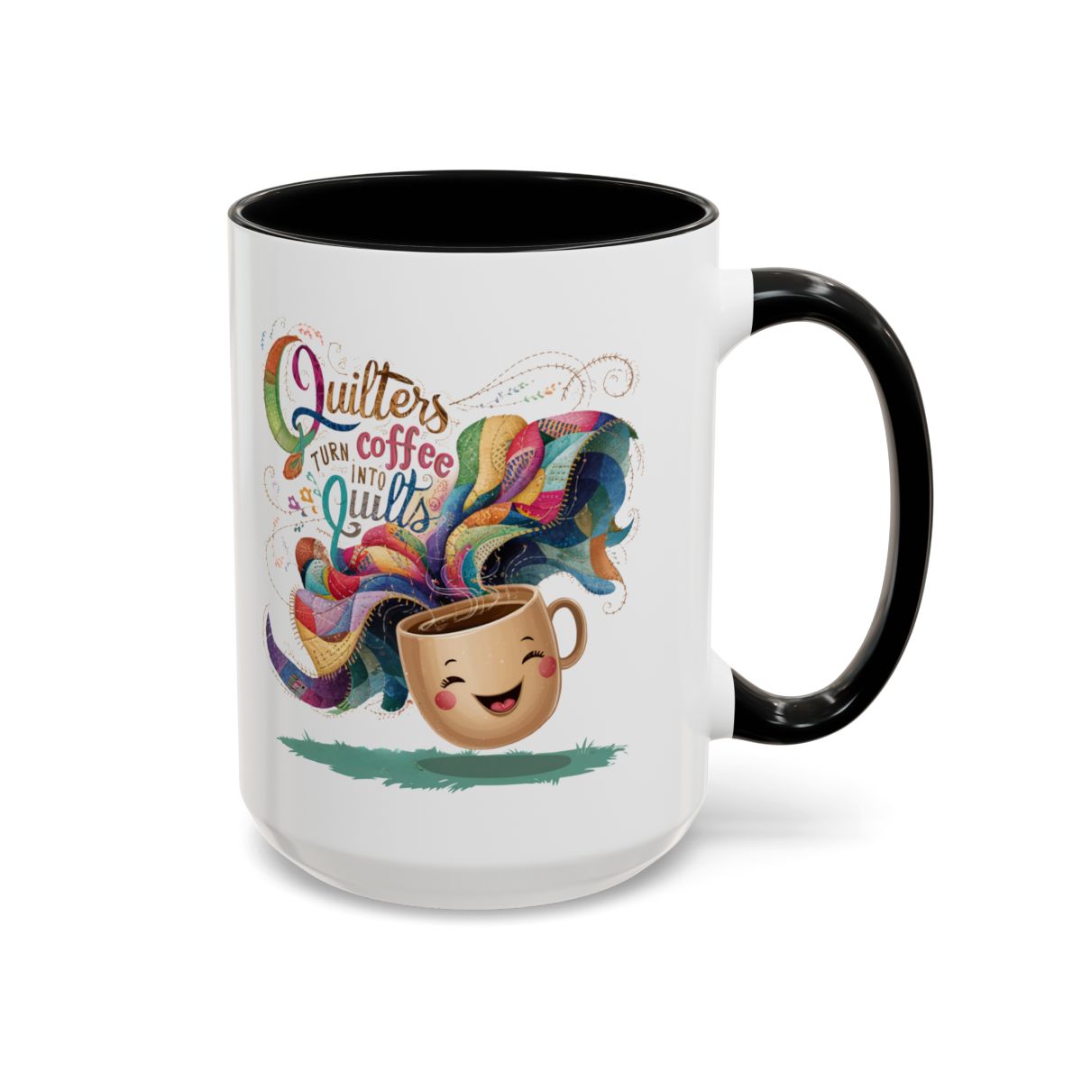 A Black funnyny Ceramic Mug with the phrase Quilters Turn Coffee Into Quilts showing A Black funny coffee cup and quilting design