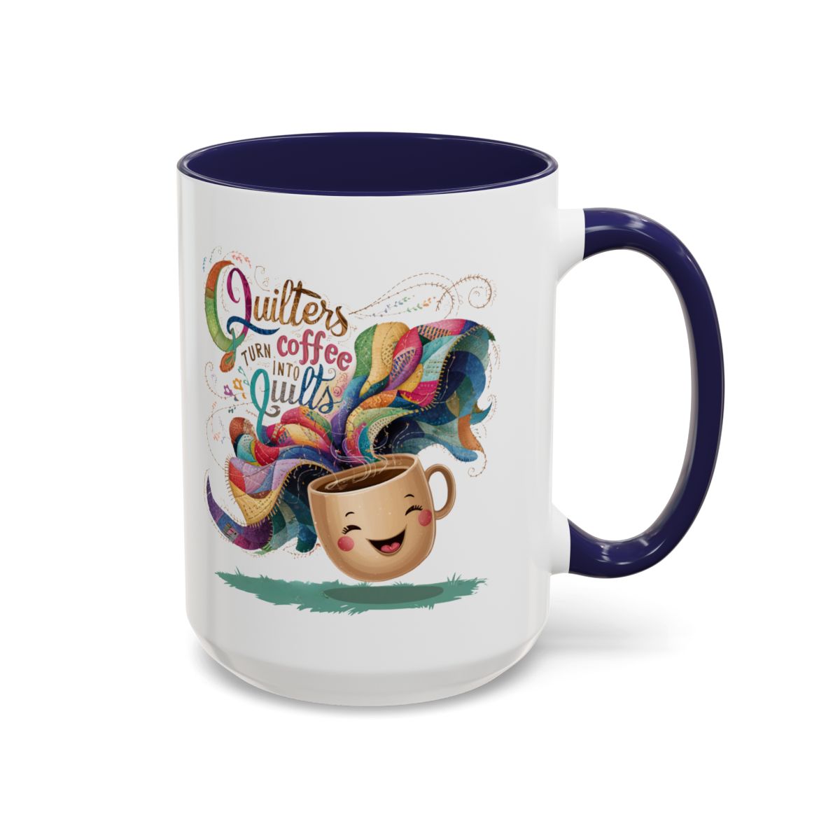 A Navy funnyny Ceramic Mug with the phrase Quilters Turn Coffee Into Quilts showing A Navy funny coffee cup and quilting design