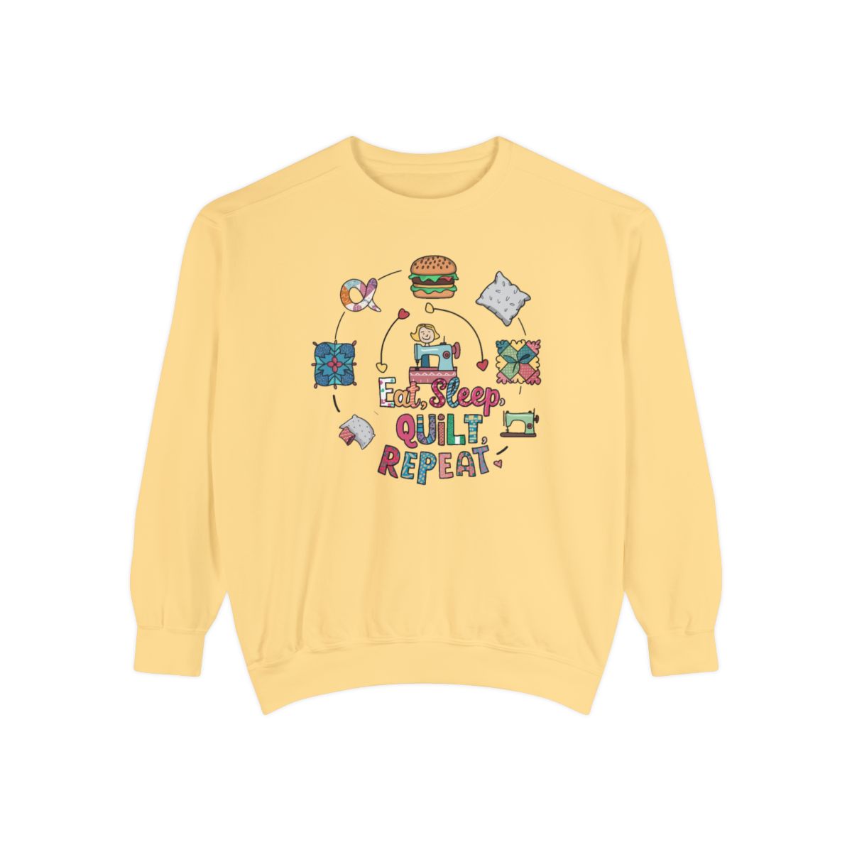 A Butter funny Sweatshirt with the phrase Eat, Sleep, Quilt, Repeat  showing the cycle of a quilter's day with eating, sleeping, and quilting