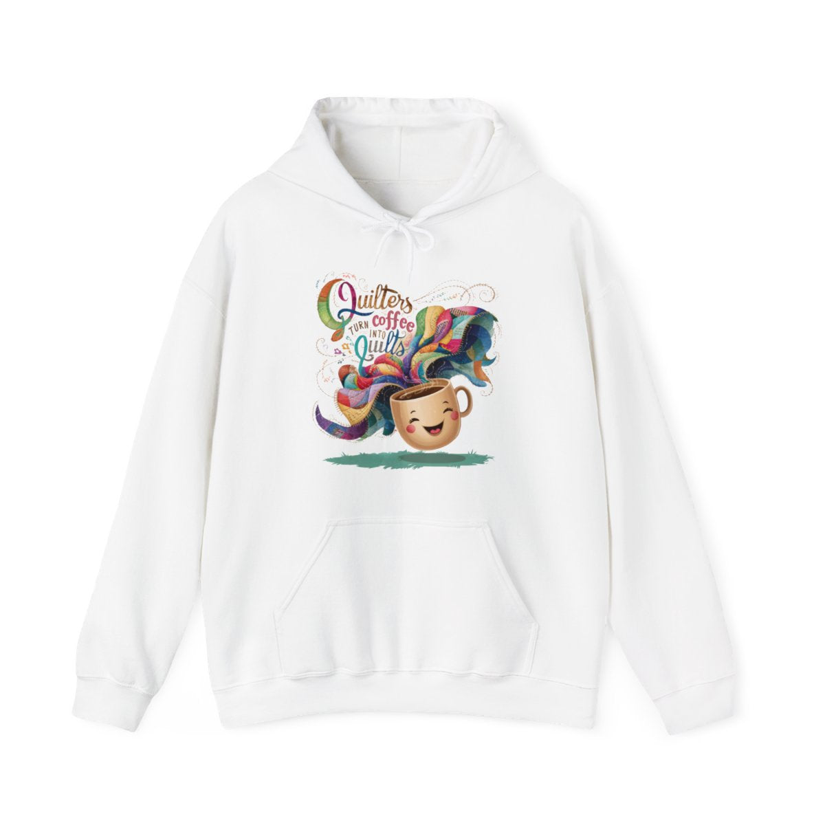 A White funny Hoodie with the phrase Quilters Turn Coffee Into Quilts showing coffee cup and quilting design
