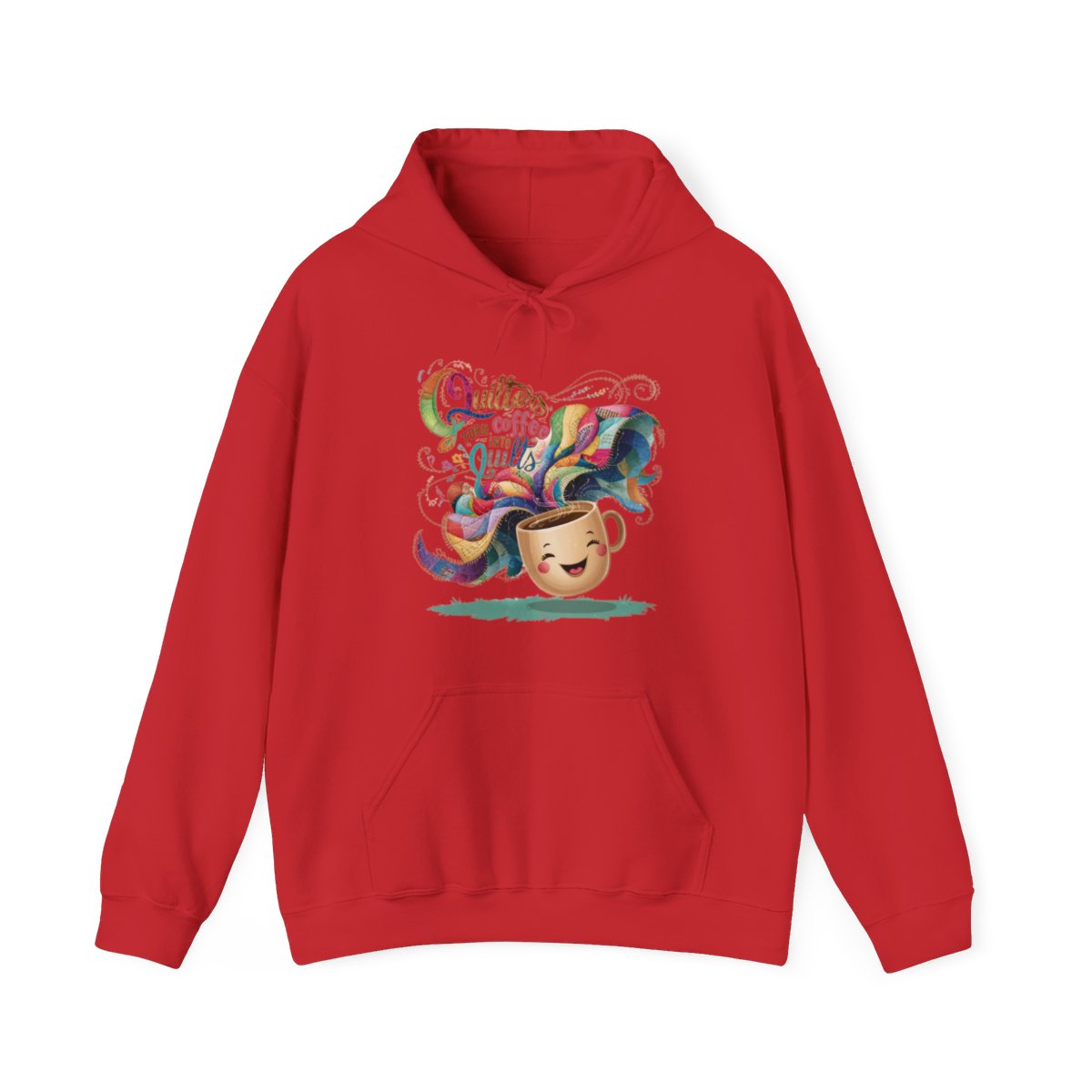 A Red funny Hoodie with the phrase Quilters Turn Coffee Into Quilts showing coffee cup and quilting design