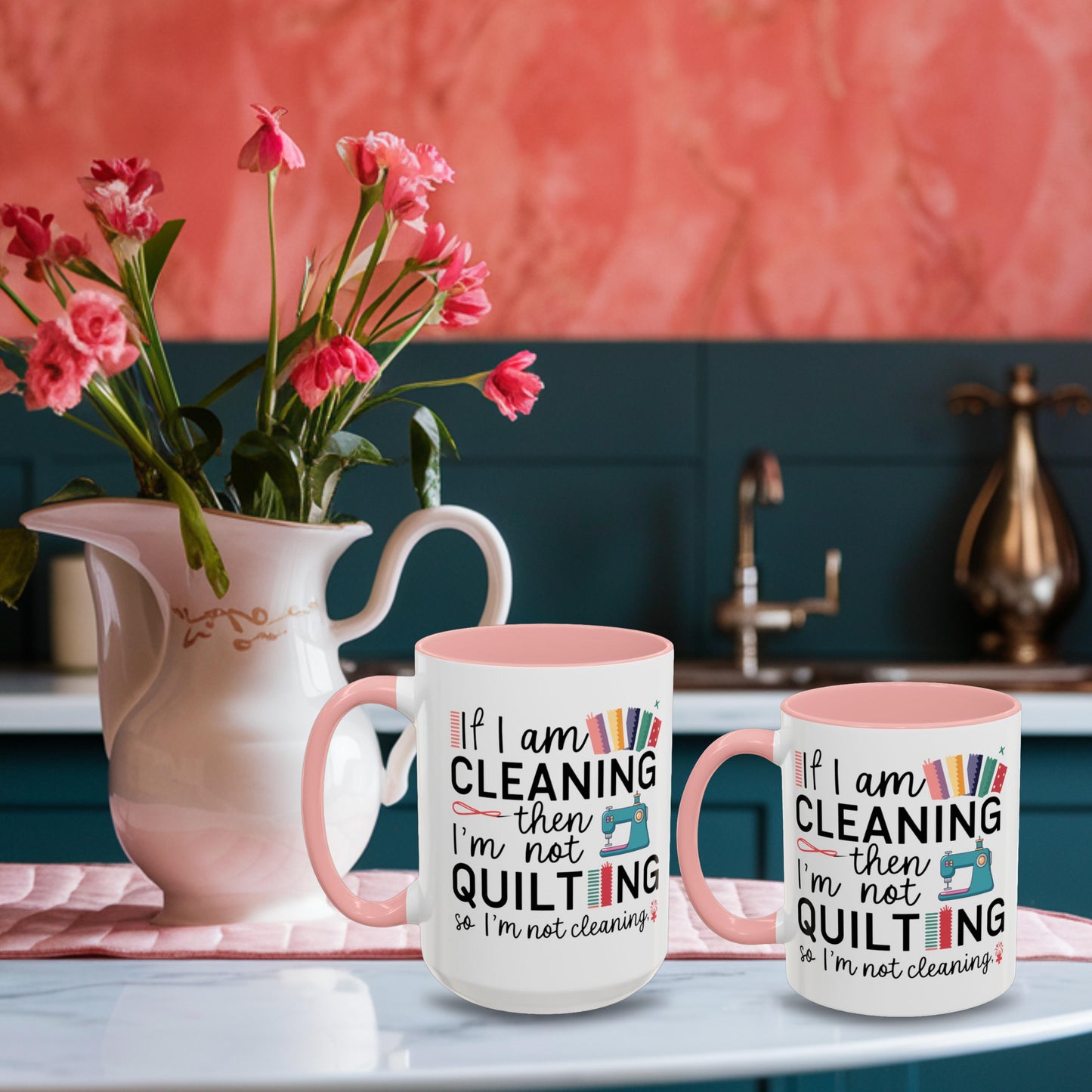 A funny Ceramic Mug with the phrase If I am Cleaning then I'm not Quilting in a bold and cheerful font with images of quilting icons and supplies