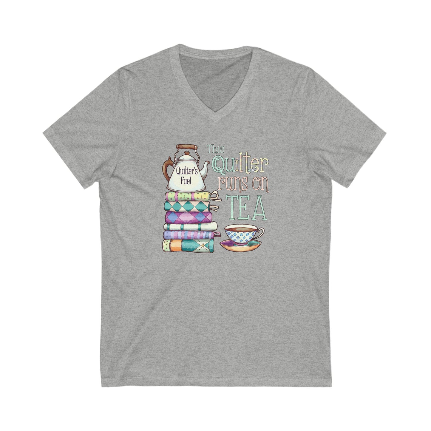 This Quilter Runs on Tea V-Neck T-Shirt – Funny Quilting Shirt for Tea-Loving Stitchers
