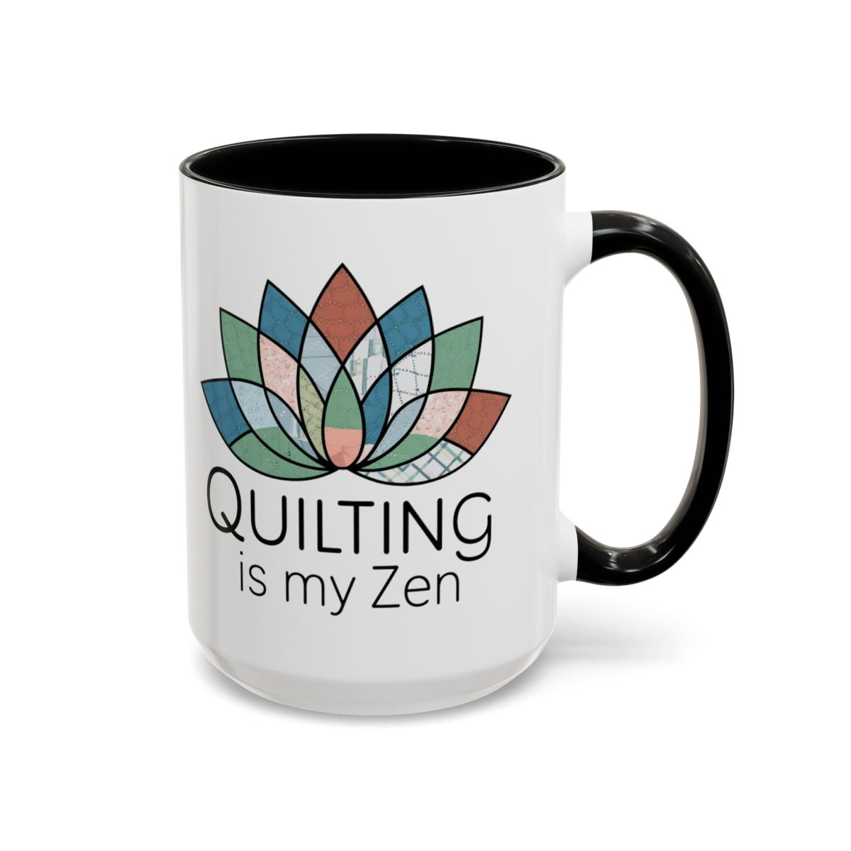 A Black funny Ceramic Mug with the phrase Quilting is my Zen on a quilting-themed t-shirt with a lotus flower design made of various quilt patterns and textures.