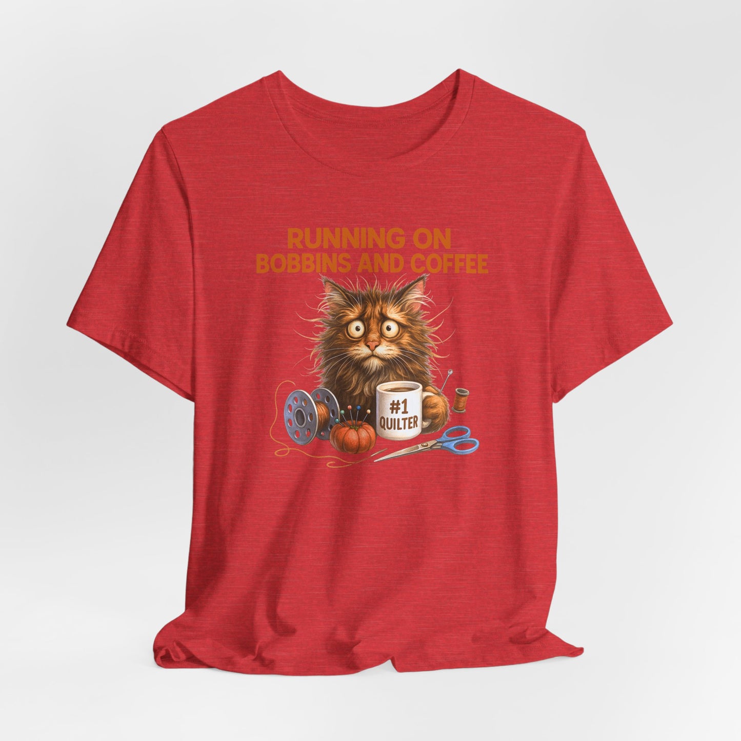 Running on Bobbins and Coffee Quilting Cat T-Shirt | Funny Quilter Gift | Cute Cat Lover Sewing Tee