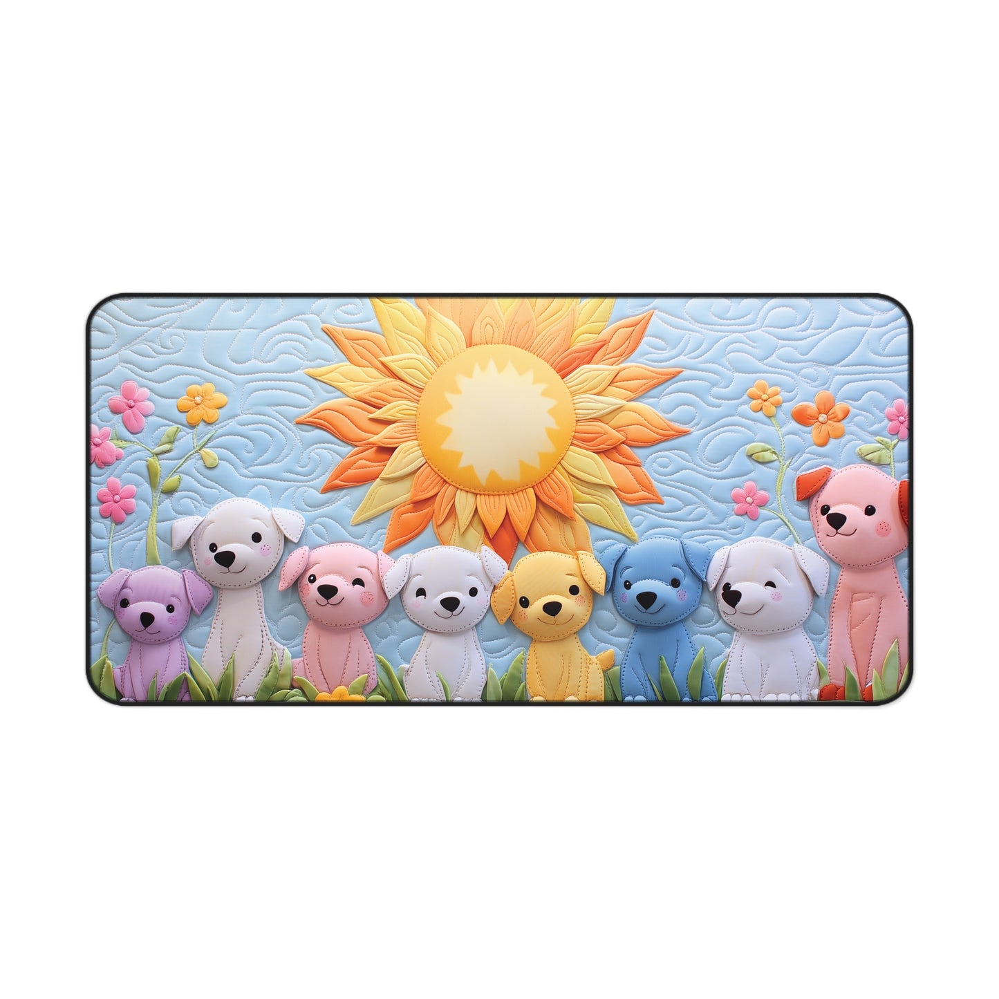 Sunflower Pups Quilting Deskpad – Anti-Slip Sewing Machine Mat with Colorful Patchwork Dogs