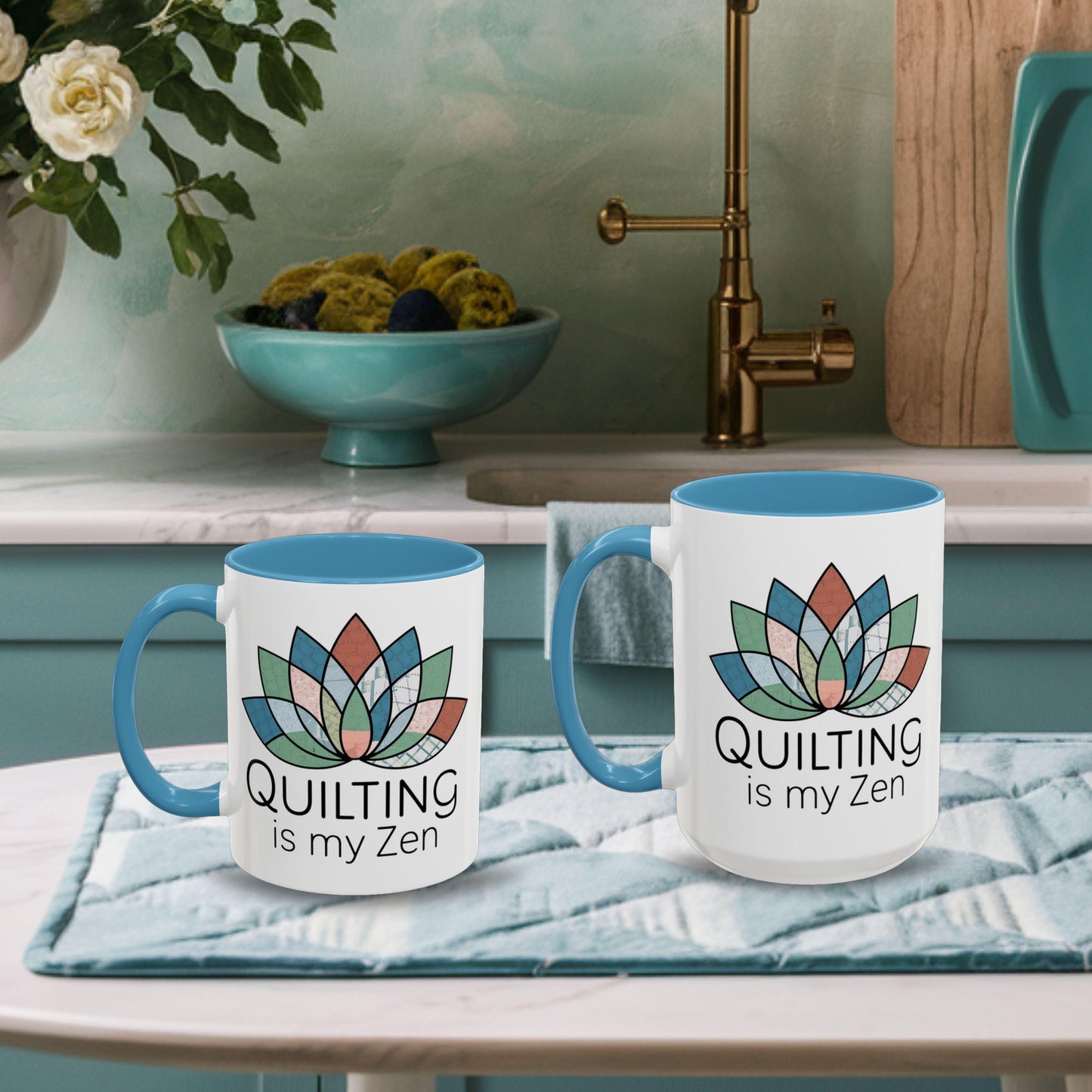 A funny Ceramic Mug with the phrase Quilting is my Zen on a quilting-themed t-shirt with a lotus flower design made of various quilt patterns and textures.