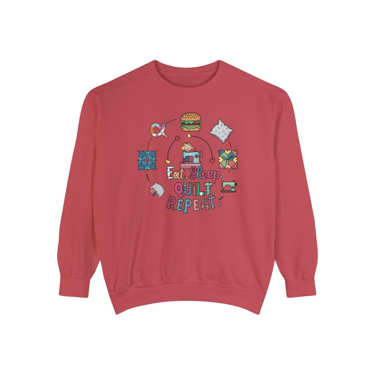 A Crimson funny Sweatshirt with the phrase Eat, Sleep, Quilt, Repeat  showing the cycle of a quilter's day with eating, sleeping, and quilting