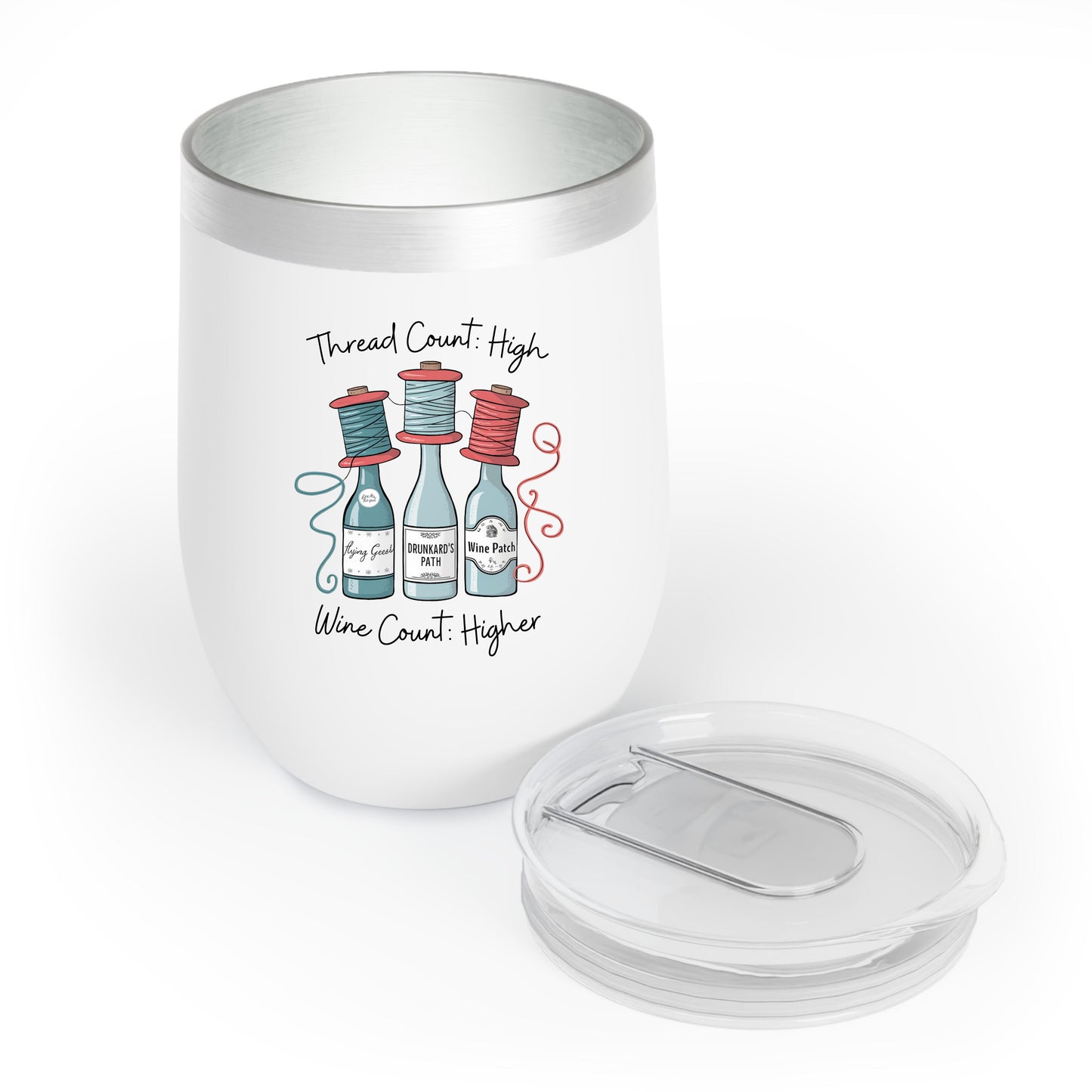 Quilting wine tumbler, slide lid off — 'Thread Count High, Wine Count Higher' with wine bottles as thread spools