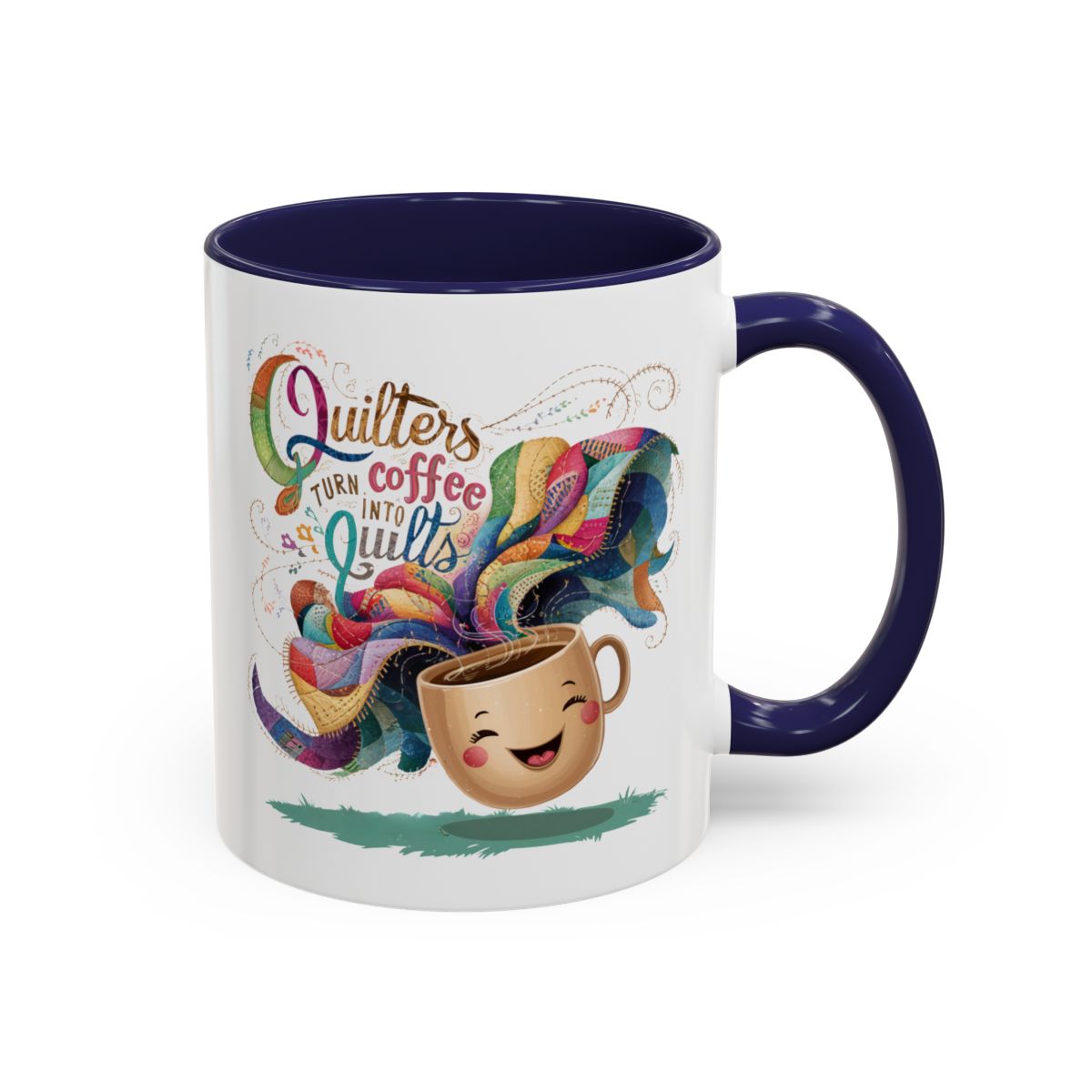 A Navy funnyny Ceramic Mug with the phrase Quilters Turn Coffee Into Quilts showing A Navy funny coffee cup and quilting design
