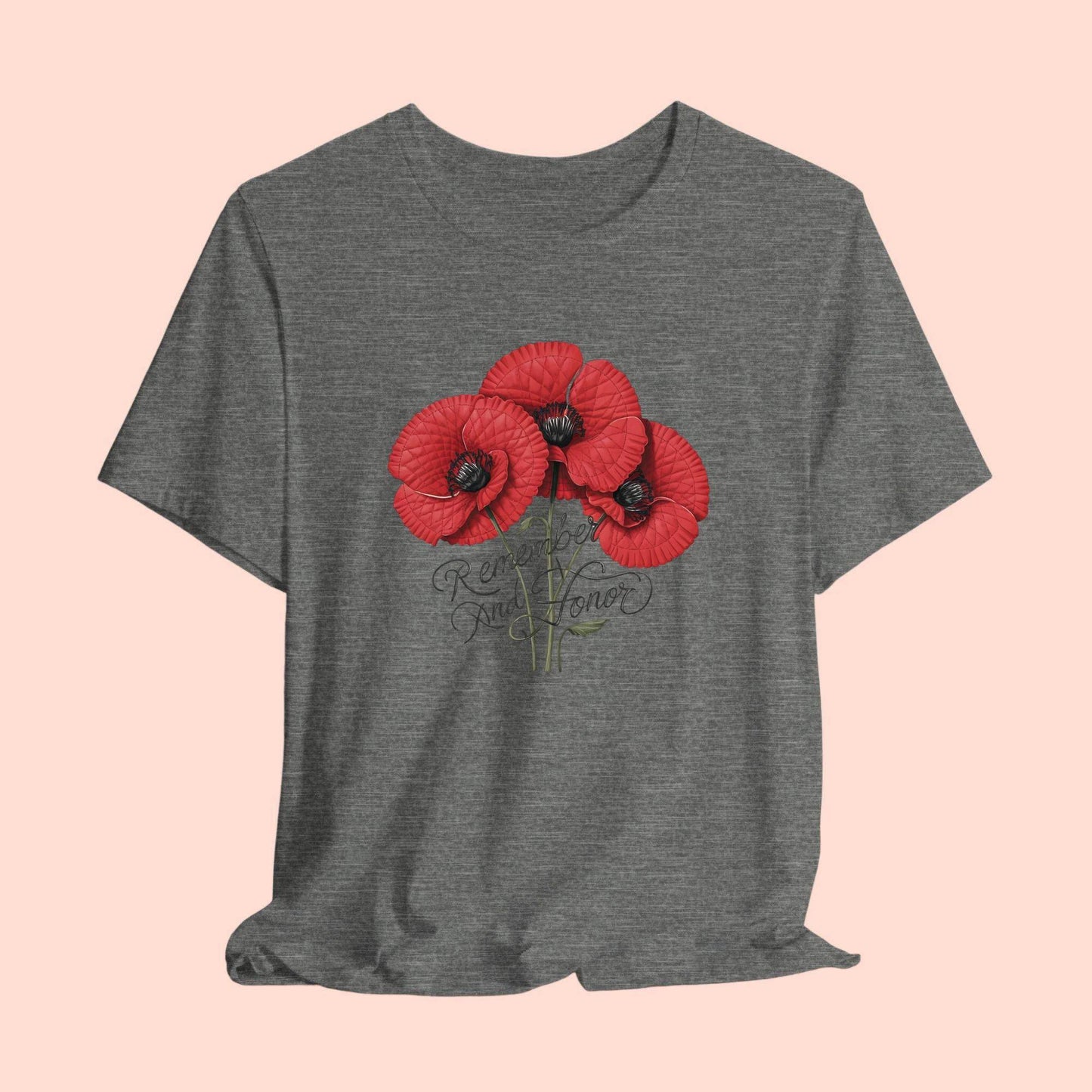 Three vivid red poppies with detailed petals and dark centers. Elegant script below reads "Remember and Honor". Memorial Day themed floral illustration combines symbolic flowers with patriotic sentiment. Perfect for honoring fallen service members and veterans.