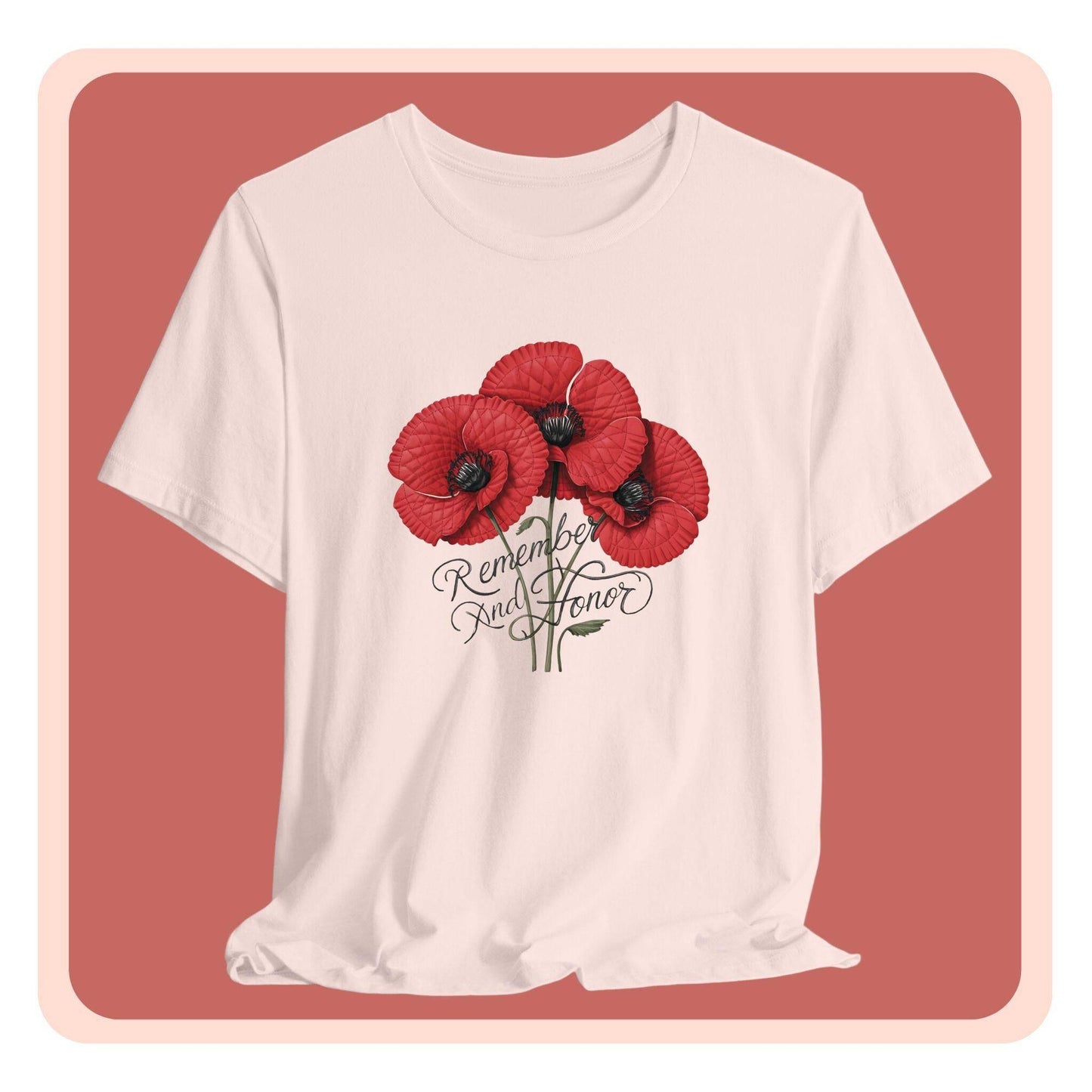 Three vivid red poppies with detailed petals and dark centers. Elegant script below reads "Remember and Honor". Memorial Day themed floral illustration combines symbolic flowers with patriotic sentiment. Perfect for honoring fallen service members and veterans.
