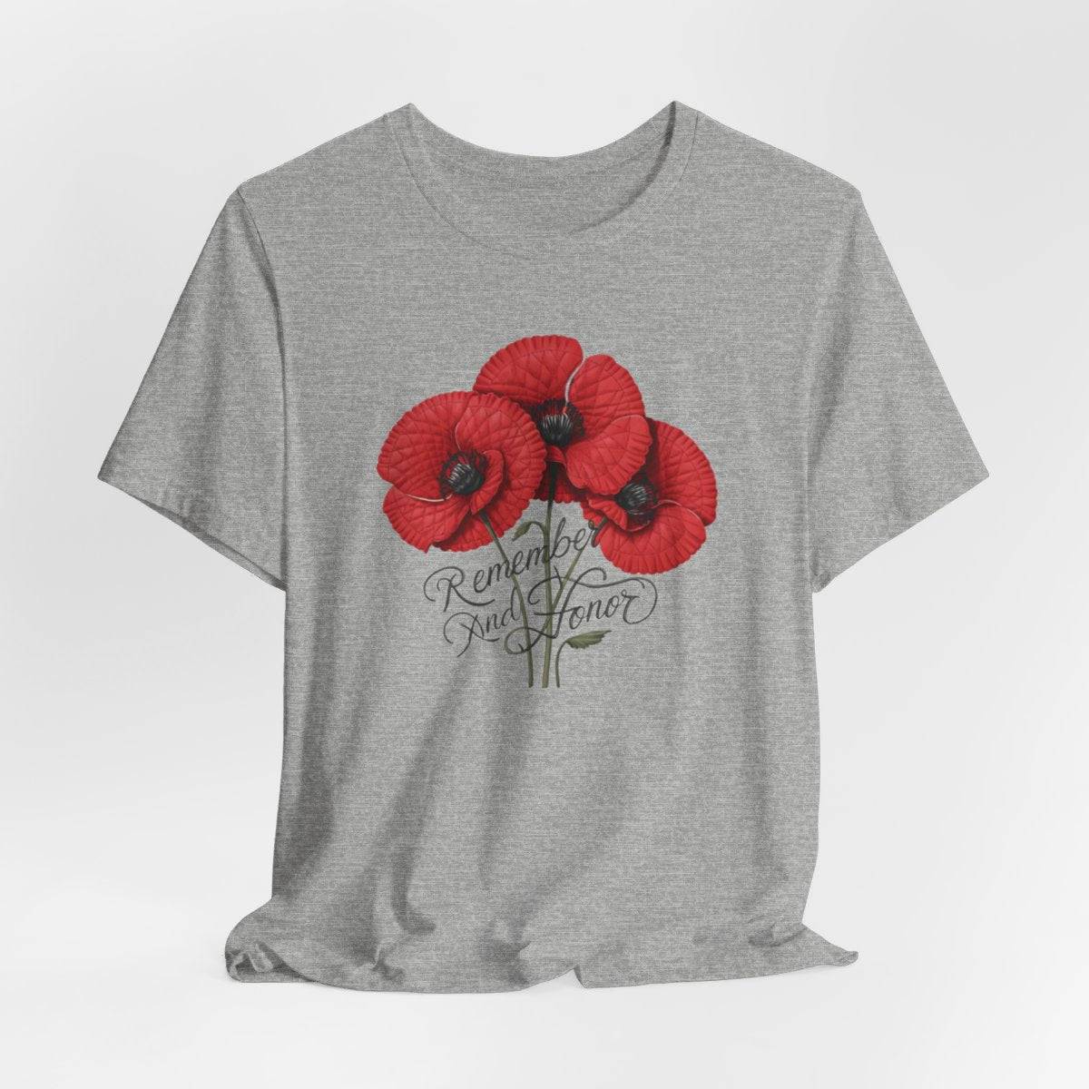 Three vivid red poppies with detailed petals and dark centers. Elegant script below reads "Remember and Honor". Memorial Day themed floral illustration combines symbolic flowers with patriotic sentiment. Perfect for honoring fallen service members and veterans.