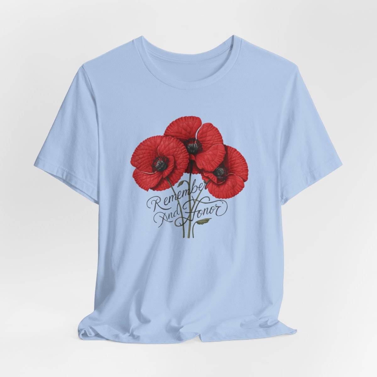 Three vivid red poppies with detailed petals and dark centers. Elegant script below reads "Remember and Honor". Memorial Day themed floral illustration combines symbolic flowers with patriotic sentiment. Perfect for honoring fallen service members and veterans.