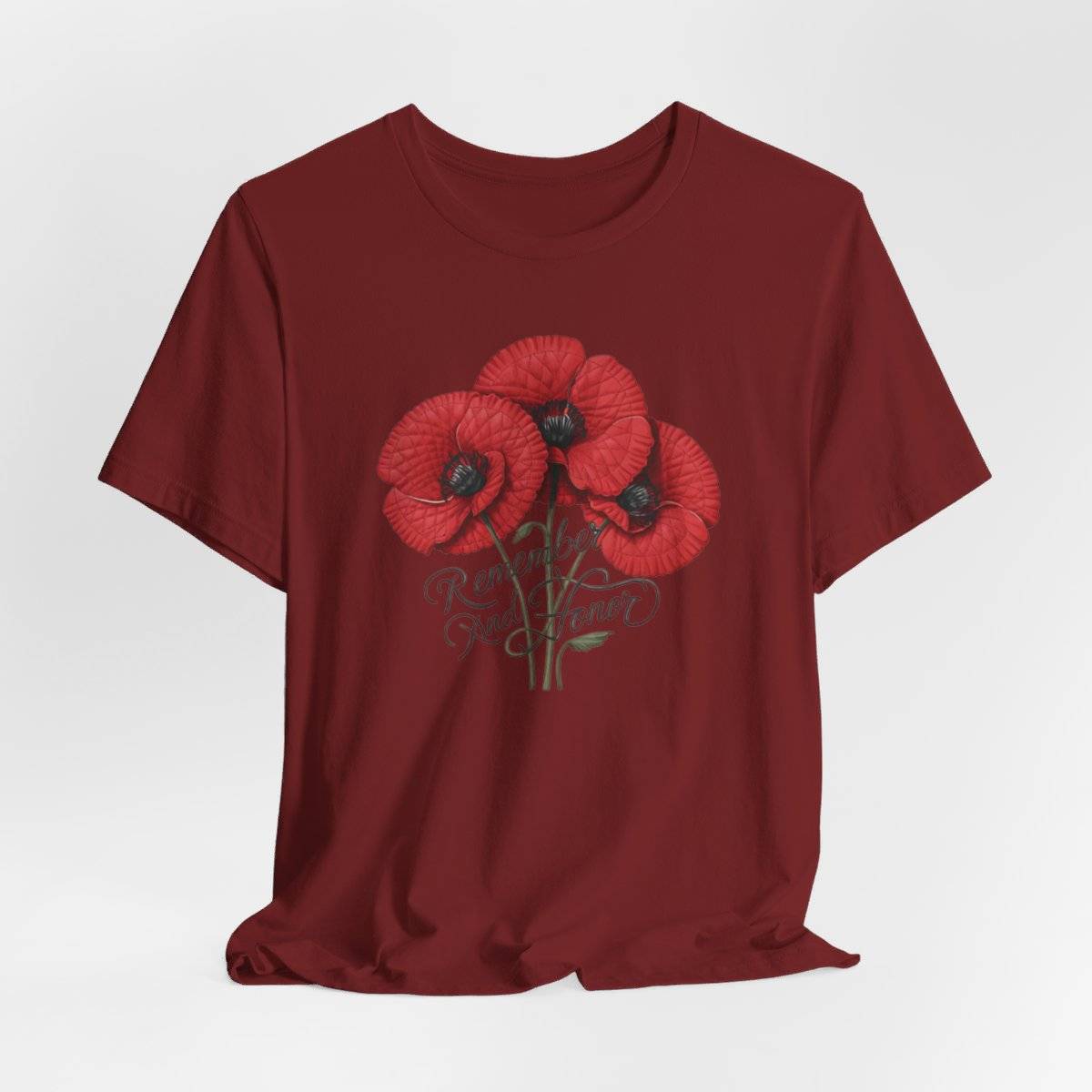 Three vivid red poppies with detailed petals and dark centers. Elegant script below reads "Remember and Honor". Memorial Day themed floral illustration combines symbolic flowers with patriotic sentiment. Perfect for honoring fallen service members and veterans.